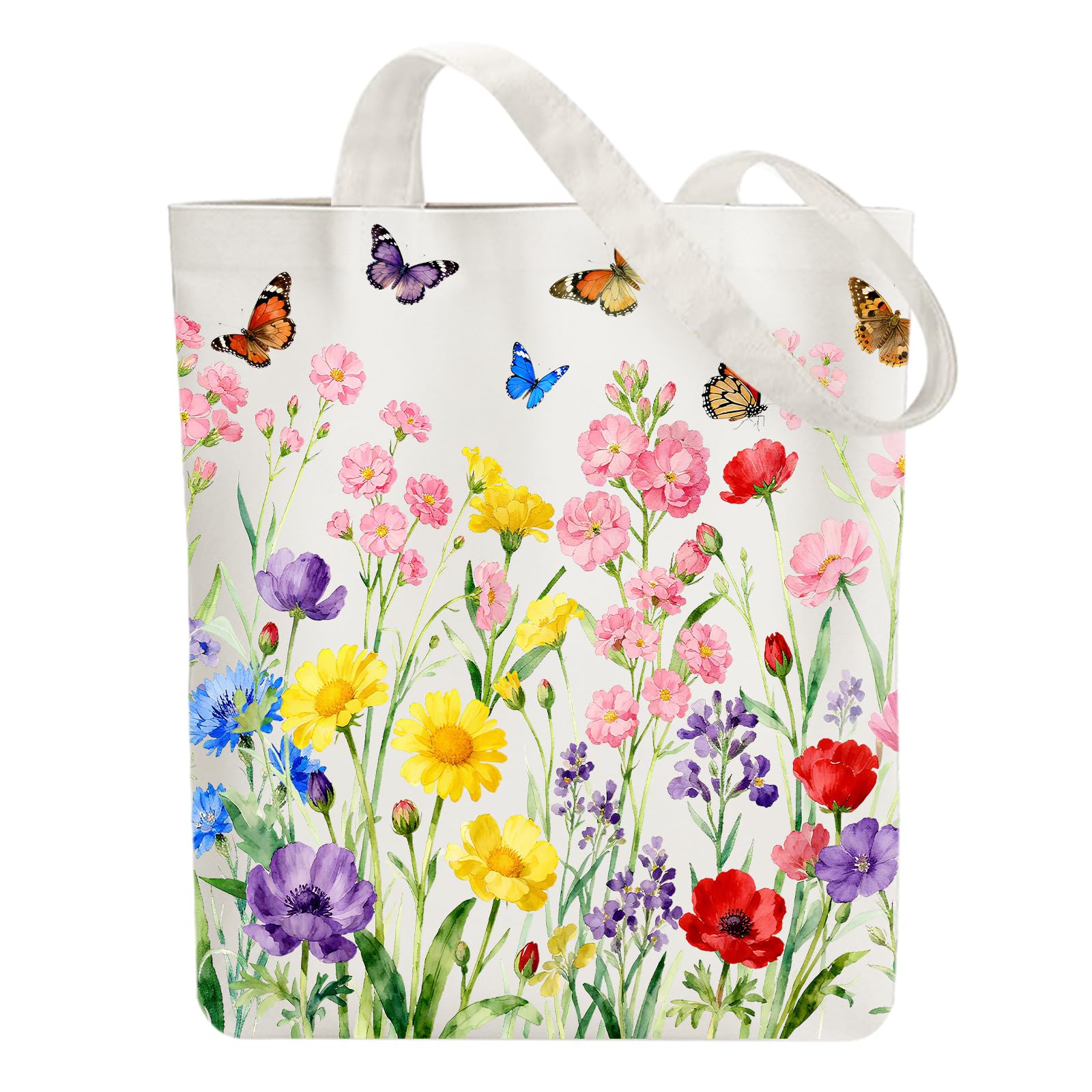 ANATTASOUL Canvas Tote Bag Flowers and Plants Reusable Cotton Bag for Women, 15.74"x14.96" Durable and Foldable Cloth Shoulder Bags with Zip Pockets for Shopping, Vacation, Work, Gym, Gifts