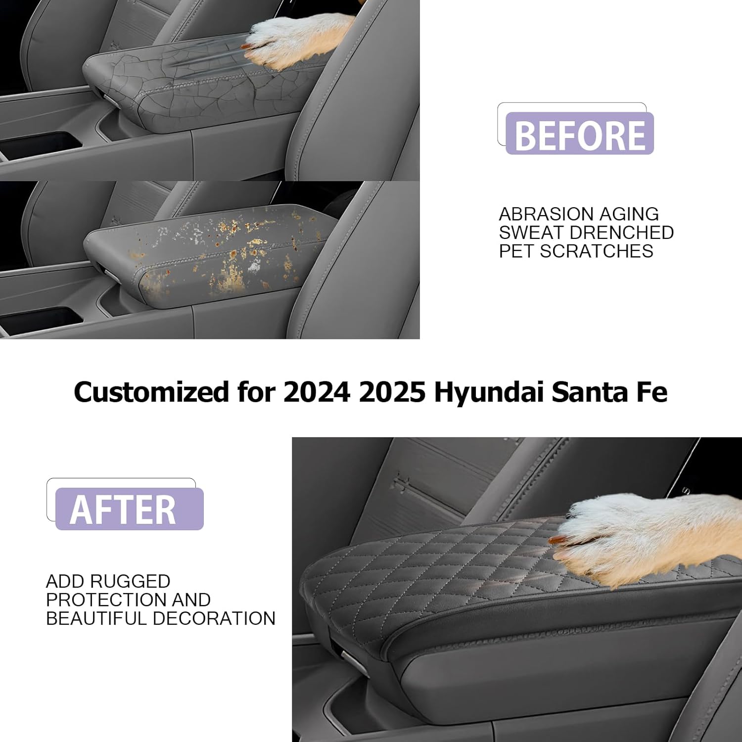 Center Console Cover Compatible with 2024 2025 2026 Hyundai Santa Fe Accessories Santa Fe Armrest Cover 2025 2026 Santa Fe SE/SEL/XRT/Limited/Calligraphy Armrest Console Cover Soft Leather (Black)