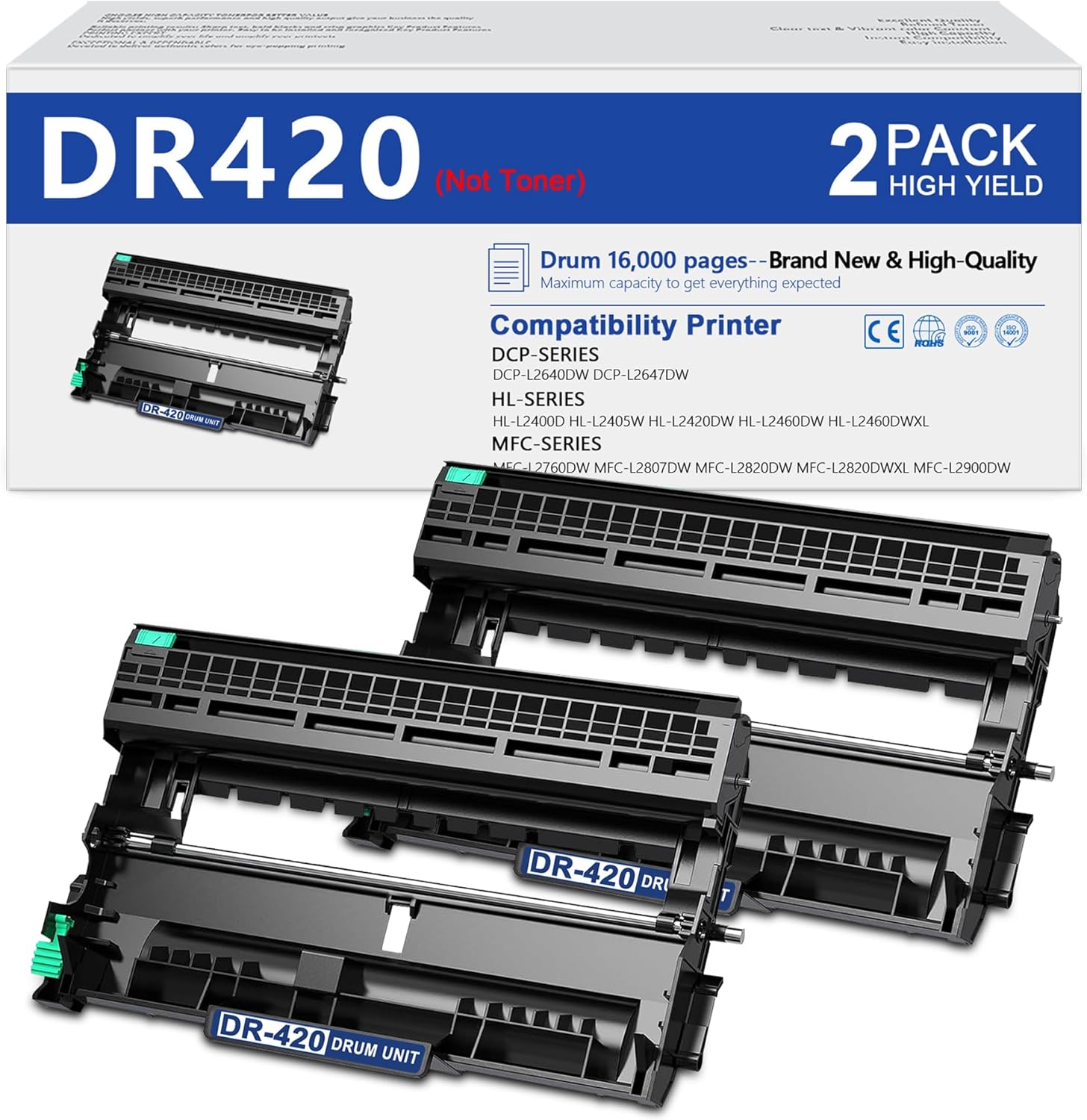 DR420 Drum Unit (2-Pack, NOT Toner) Replacement for Brother DR420 DR-420 to use with HL-2240 HL-2270DW HL-2280DW HL-2230 MFC-7360N MFC-7860DW DCP-7065DN Intellifax 2840 2940 Printer, Black
