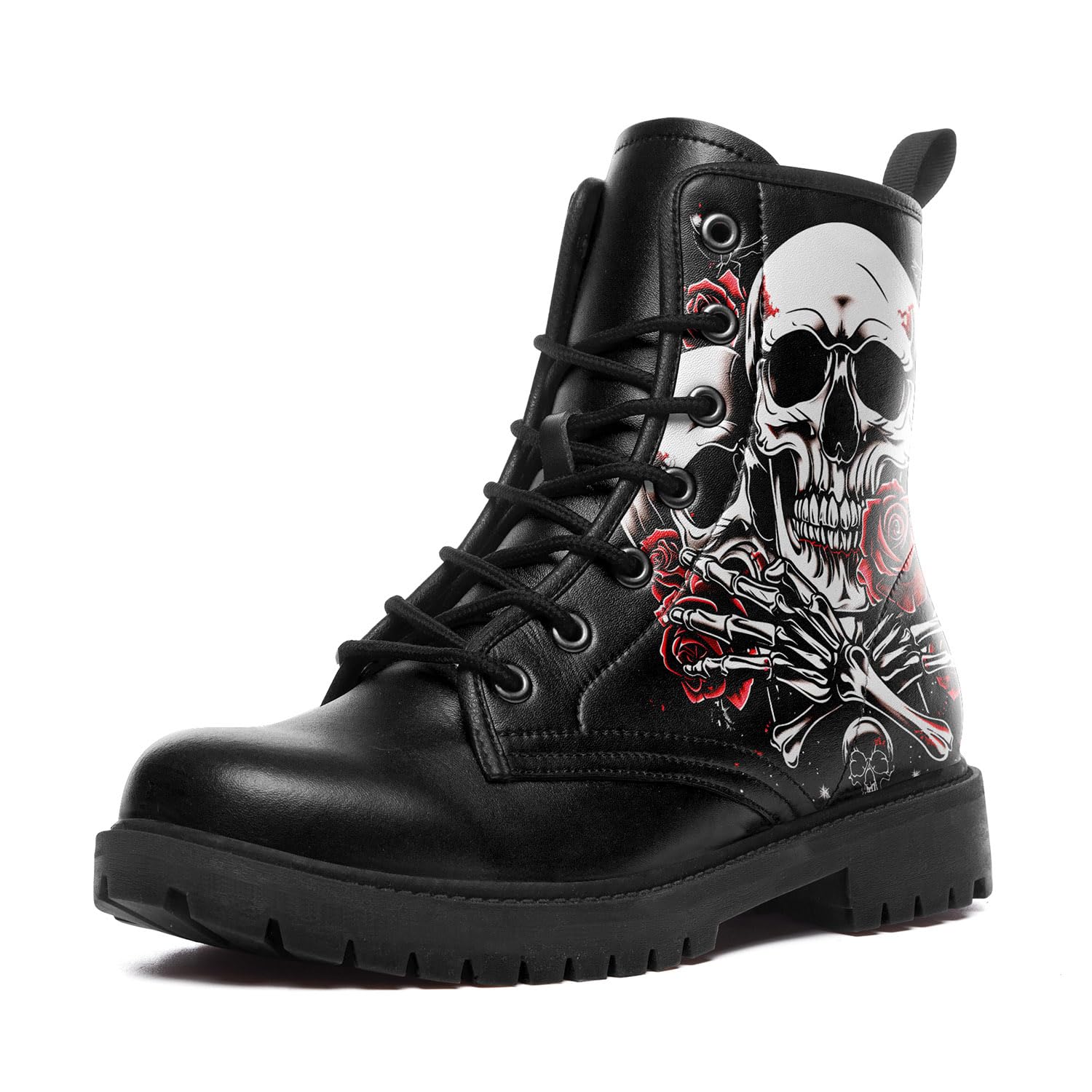 Custom Black Combat Boots for Women Fashion Lace-Up Skull Rose Ankle Booties Chunky Heel Platform Leather Boots