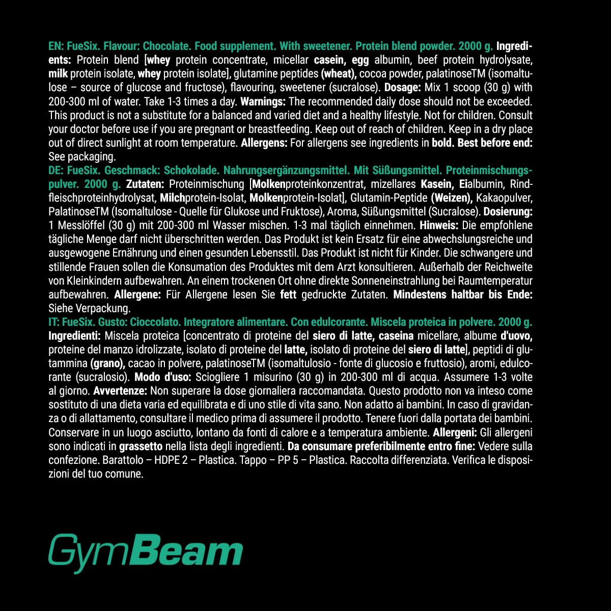 GymBeam FueSix - Complesso Proteico Multicomponente Premium con 6 Proteine di Alta Qualità per Crescita Muscolare, Whey Protein Post Workout, Protein Shake per Atleti e Sportivi, Cioccolato