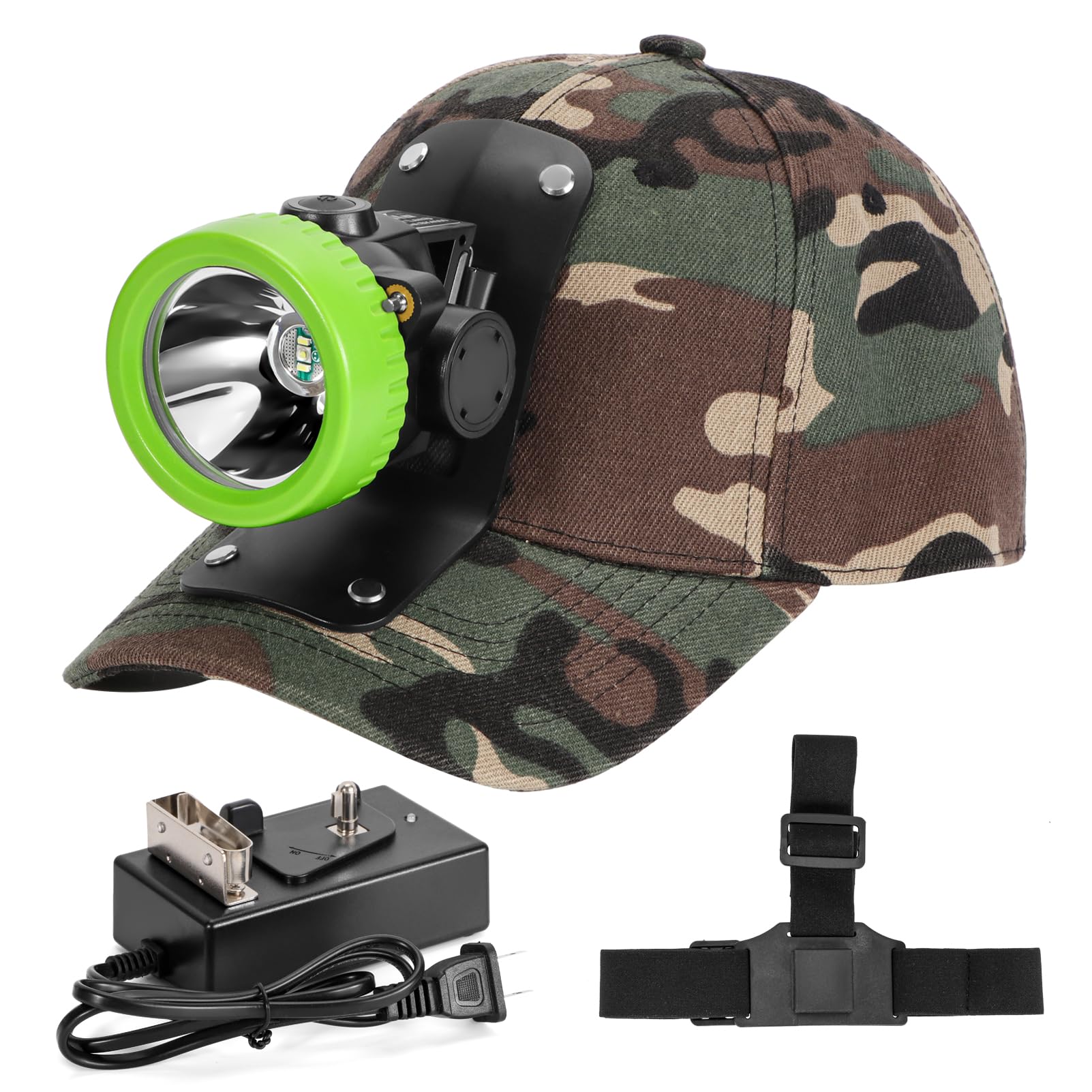 Lokilo Ultra-Bright LED Mining Headlamp,Rechargeable Waterproof Hard Hat White Light Headlight,Camouflage Miner Cap Included,Durable Mining Light for Underground Work and Outdoor Adventures (Green)-image-33