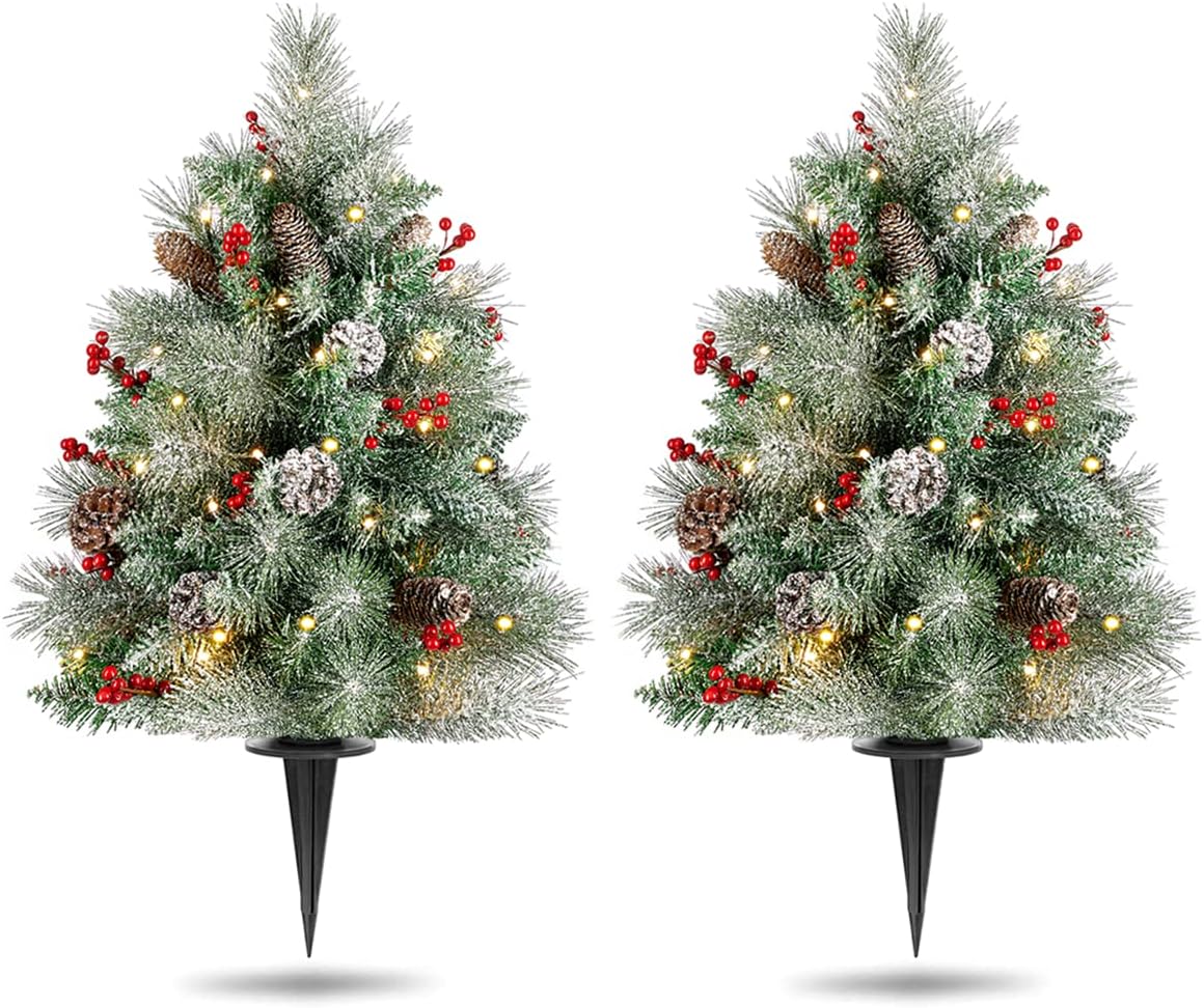 Somikis 32 Inch Outdoor Christmas Tree Set of 2, Battery Operated Pre-Lit Flocked Christmas Tree, w/LED Lights and Realistic Carolina Pine, for Porch, Entrances Tabletop Decor