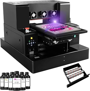 A4 XP600 UV Printer, with 6 * 500ML Ink, UV Flatbed Printer Machine with Bottle Holder, 5760 * 1440dpi, Super Fast Speed for Bottles Stickers Acrylic Wood Phone Case Leather Metal