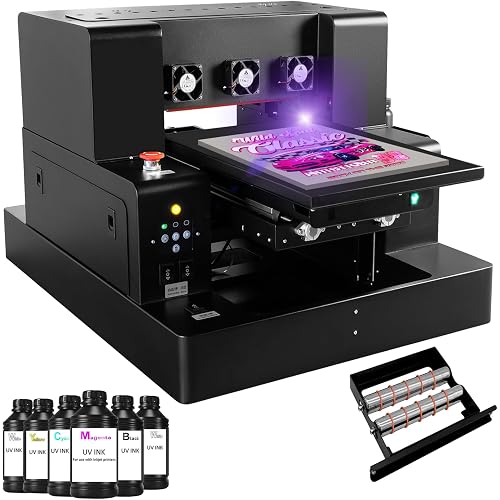 A4 XP600 UV Printer, with 6 * 500ML Ink, UV Flatbed Printer Machine with Bottle Holder, 5760 * 1440dpi, Super Fast Speed for Bottles Stickers Acrylic Wood Phone Case Leather Metal