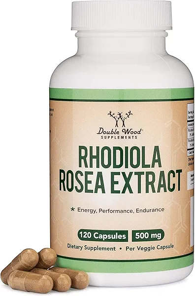 Rhodiola Rosea Supplement 500mg, 120 Vegan Capsules (Third Party Test, Gluten Free, 3% Salidrosides, 1% Rosavins Extract) for Performance, Calming, Motivation by Double Wood