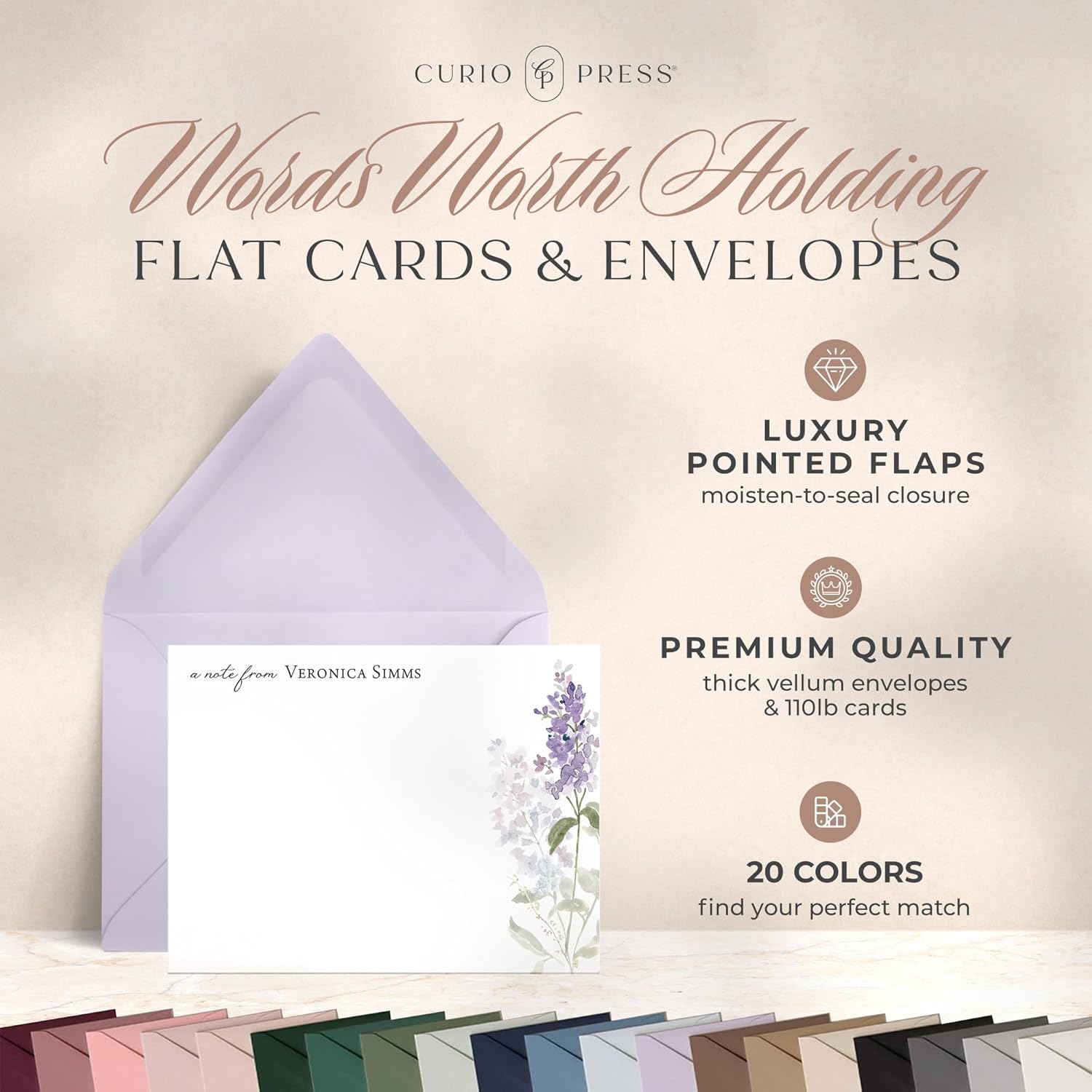 Curio Press Personalized Stationery for Women, Lilac Flat Card with Custom Note Cards Name, Purple Flower Thank You Cards with Envelopes Personalized Stationary Custom Card for Gifts - Lilac Flat