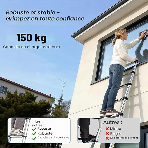 Échelle télescopique en acier inoxydable de 3,2 m - Légère et polyvalente - Pour un usage domestique - Portable et facile à ranger - Convient pour les travaux de toiture et une utilisation en - 6