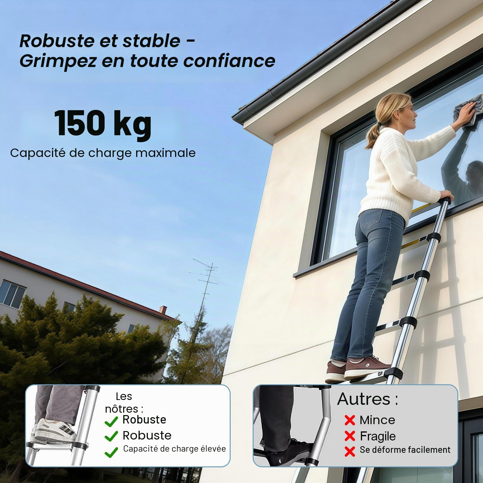 Échelle télescopique en acier inoxydable de 3,2 m - Légère et polyvalente - Pour un usage domestique - Portable et facile à ranger - Convient pour les travaux de toiture et une utilisation en