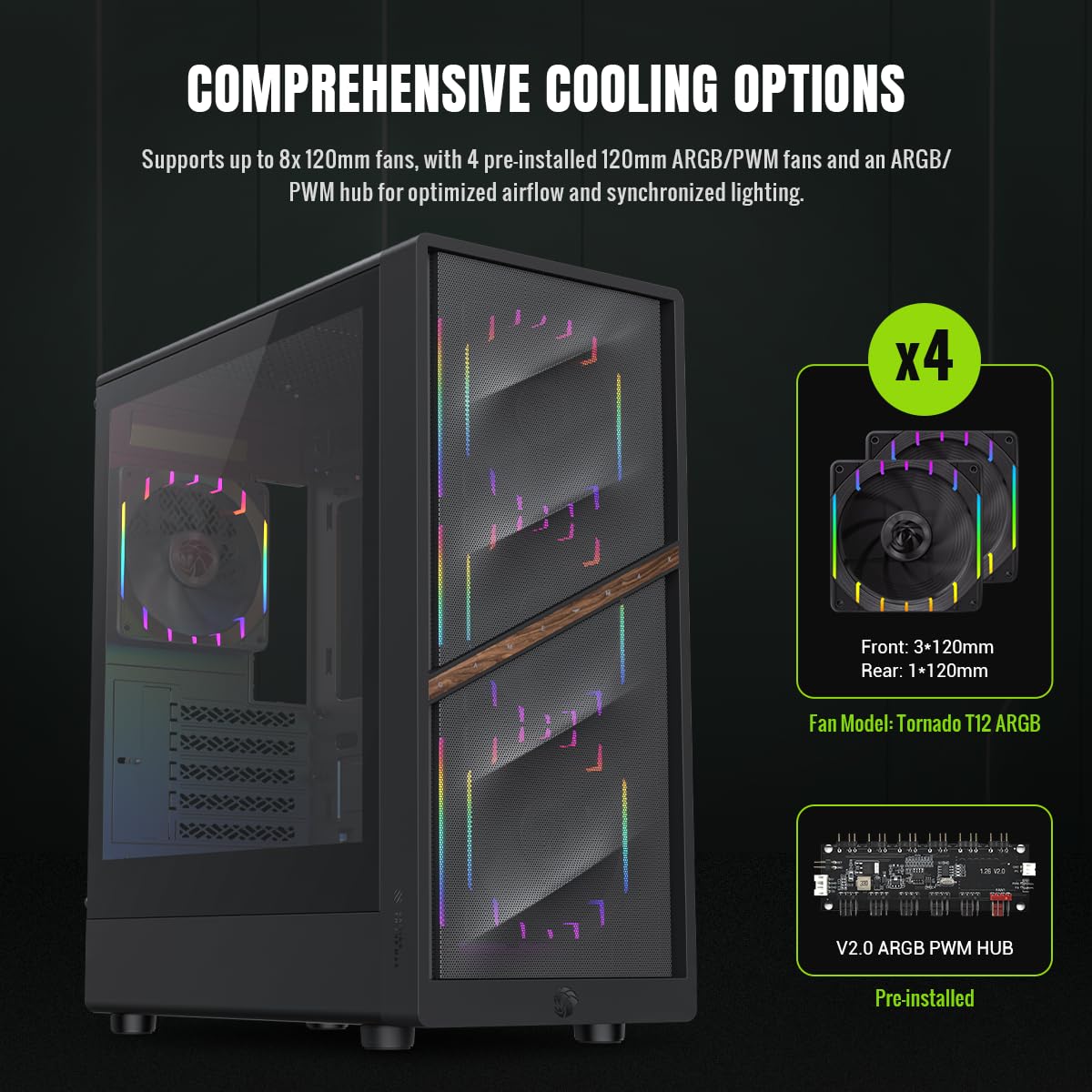 GAMEMAX AERIS 330 MB Boîtier PC Gaming M-ATX Noir, 4 Ventilateurs ARGB Inclus, GPU 330 mm, Radiateur 240/360 mm, USB-C, Stockage Multiple