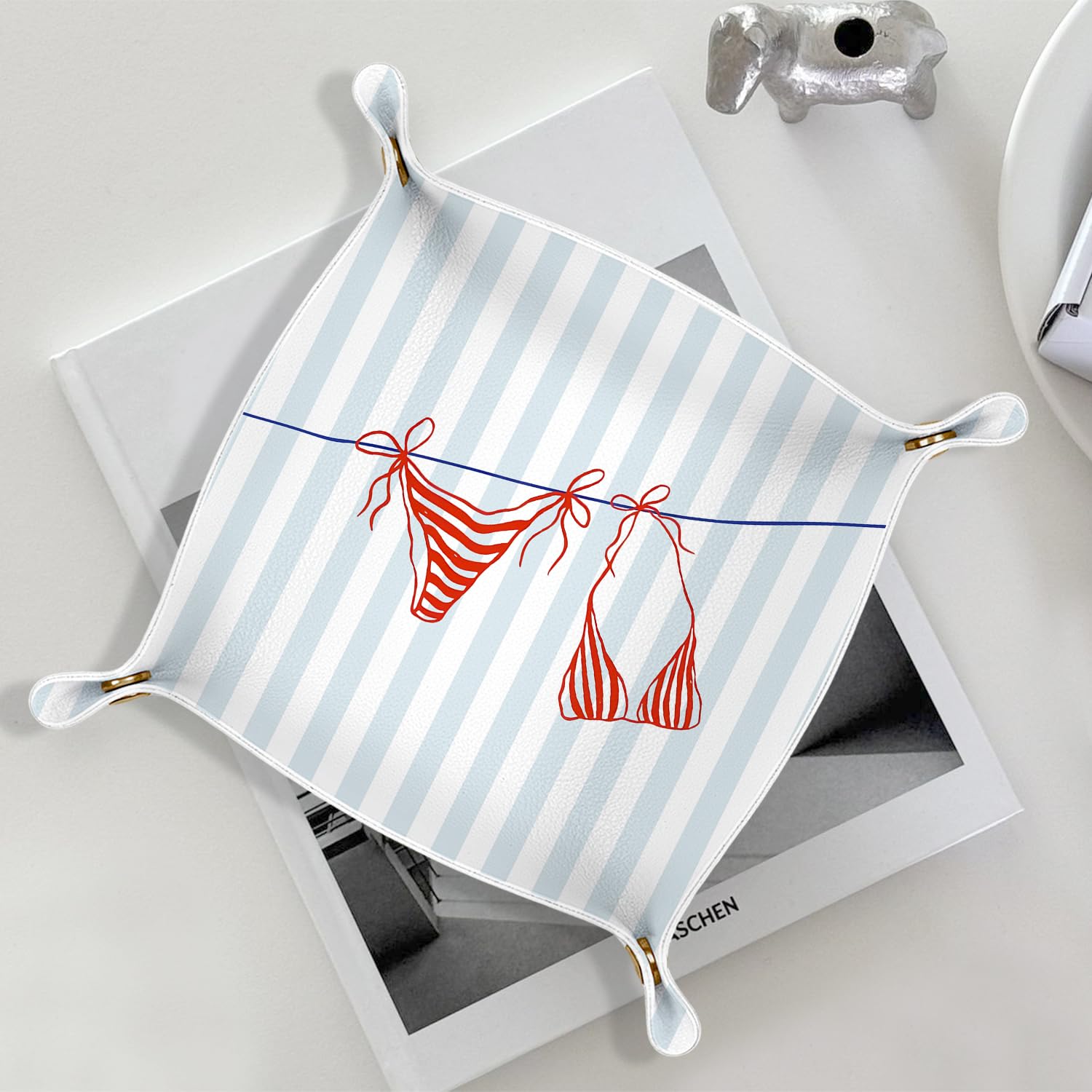 Vassoio porta gioielli da spiaggia, decorazione per donne, amanti della spiaggia, in pelle ecologica in poliuretano, organizer per gioielli, anelli, orologi, chiavi, accessori, 20 x 20 cm