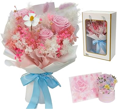 Preserved Flowers Bouquets Pink Rose Gift Box Rose Arrangement for Birthday, Anniversary, Valentines Day for Wife, Mom, Girlfriend, Pink Rose Set