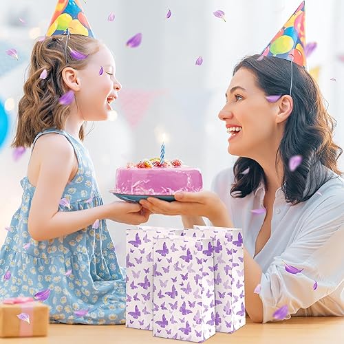 Miniatura 6 de Spakon 24 bolsas de regalo de mariposa moradas a granel, bolsas de regalo de mariposas degradadas pequeñas para fiestas, bolsas de regalo de