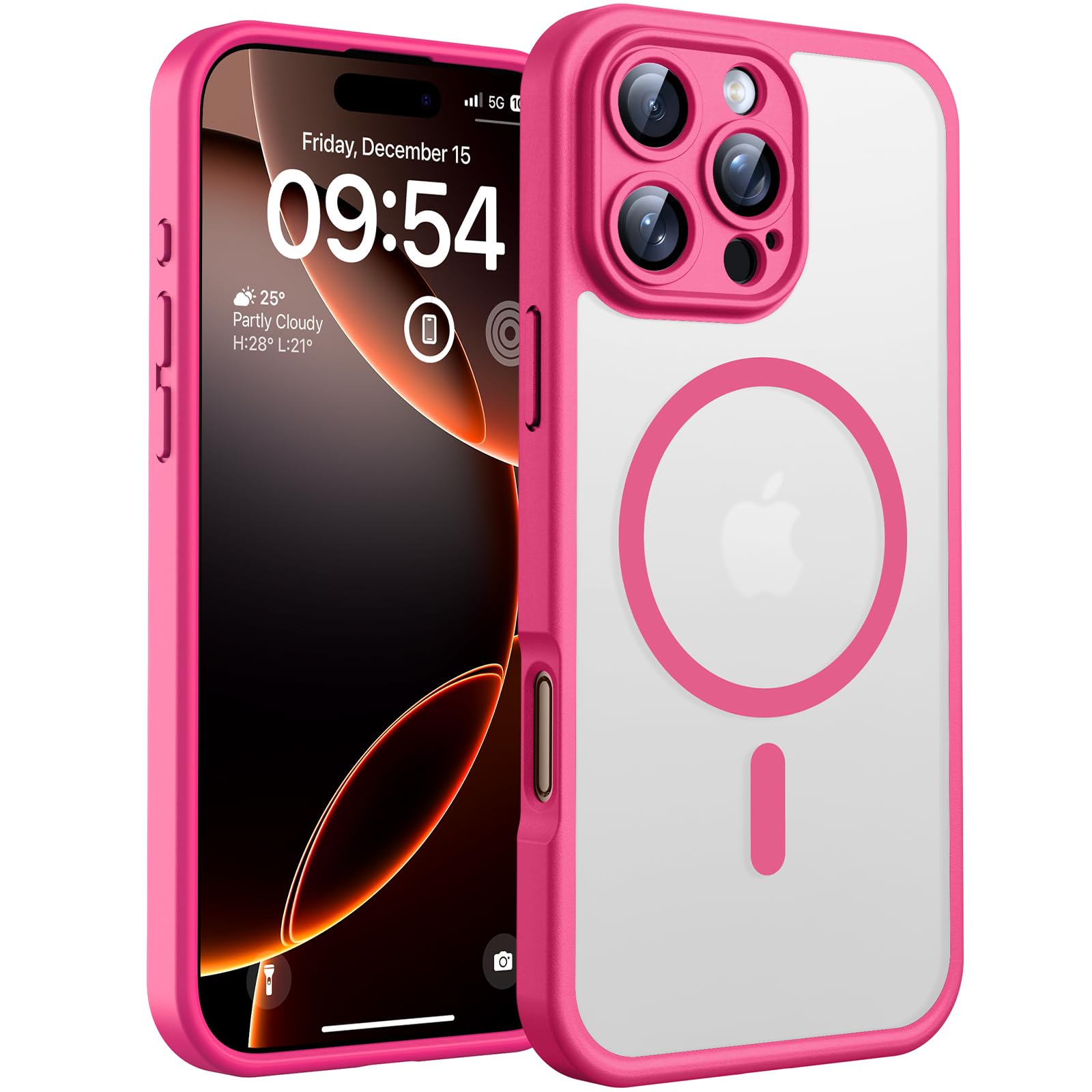 TOCOL 3 in 1 Cover Magnetica per iPhone 16 Pro 6,3 Pollic, con 2 Vetro Temperato, Compatibile con MagSafe [Protezione Fotocamera Integrata] Custodia Antiurto Traslucida Opaca, Rosa Caldo