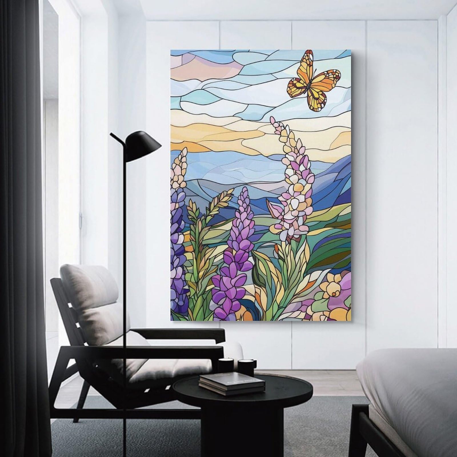 Junmoney Stained Glass Butterfly & Flowers Room Decor Wall Art, 24x36inch(60x90cm), for Office, Study Or Home Workspace, A Smart Decor Choice for Study Walls