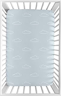 Sweet Jojo Designs Blue Clouds Boy Fitted Mini Crib Sheet Baby Nursery for Portable Crib or Pack and Play - Slate and White Cloud Sky for Vintage Airplane Aviator Aviation Collection