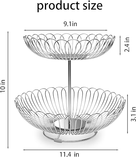 Miniatura 5 de Cesta de frutas de 2 niveles de 11.6 pulgadas, de acero inoxidable, cesta de almacenamiento de frutas, cuenco de alambre para cocina con pan y
