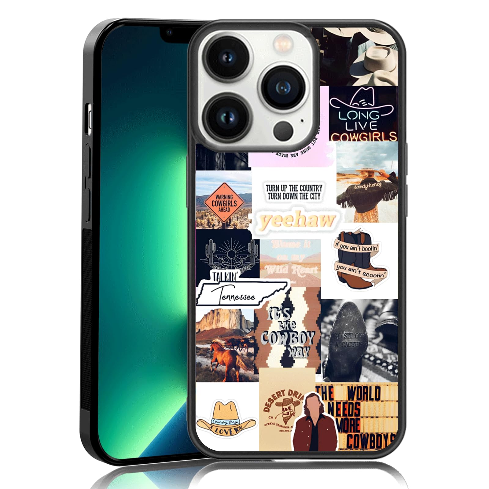 MMYAJT Western Country Music Artist Collage Phone Case Fit for iPhone 13 Pro — TPU Shockproof iPhone Case Cowboy Boots Hat Phone Cover Gift for Boy
