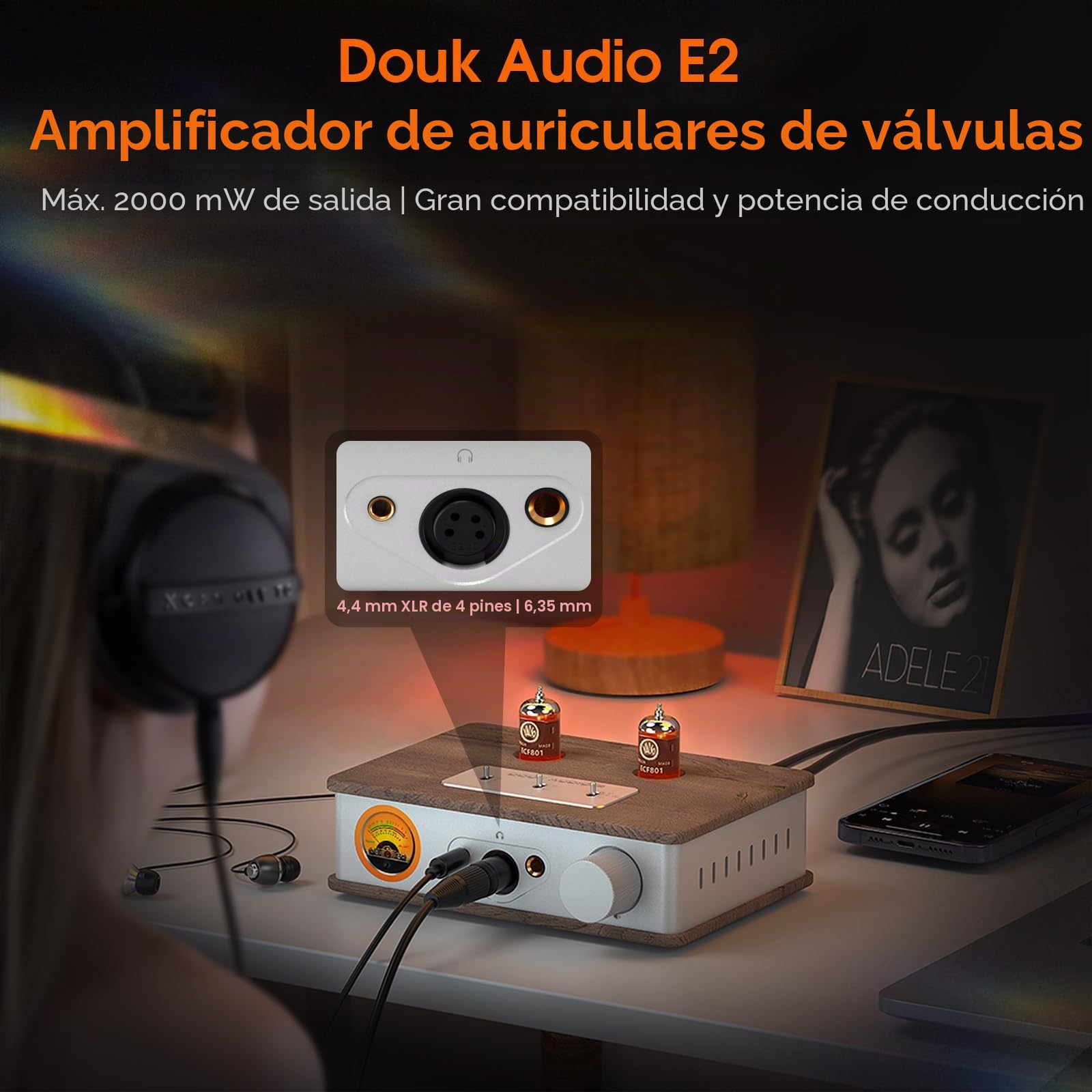 Amplificador de auriculares de tubo Douk E2 con salidas XLR/4,4 mm/6,35 mm/RCA, Preamplificador estéreo HiFi con medidor de VU-para auriculares, amplificador doméstico, altavoces activos