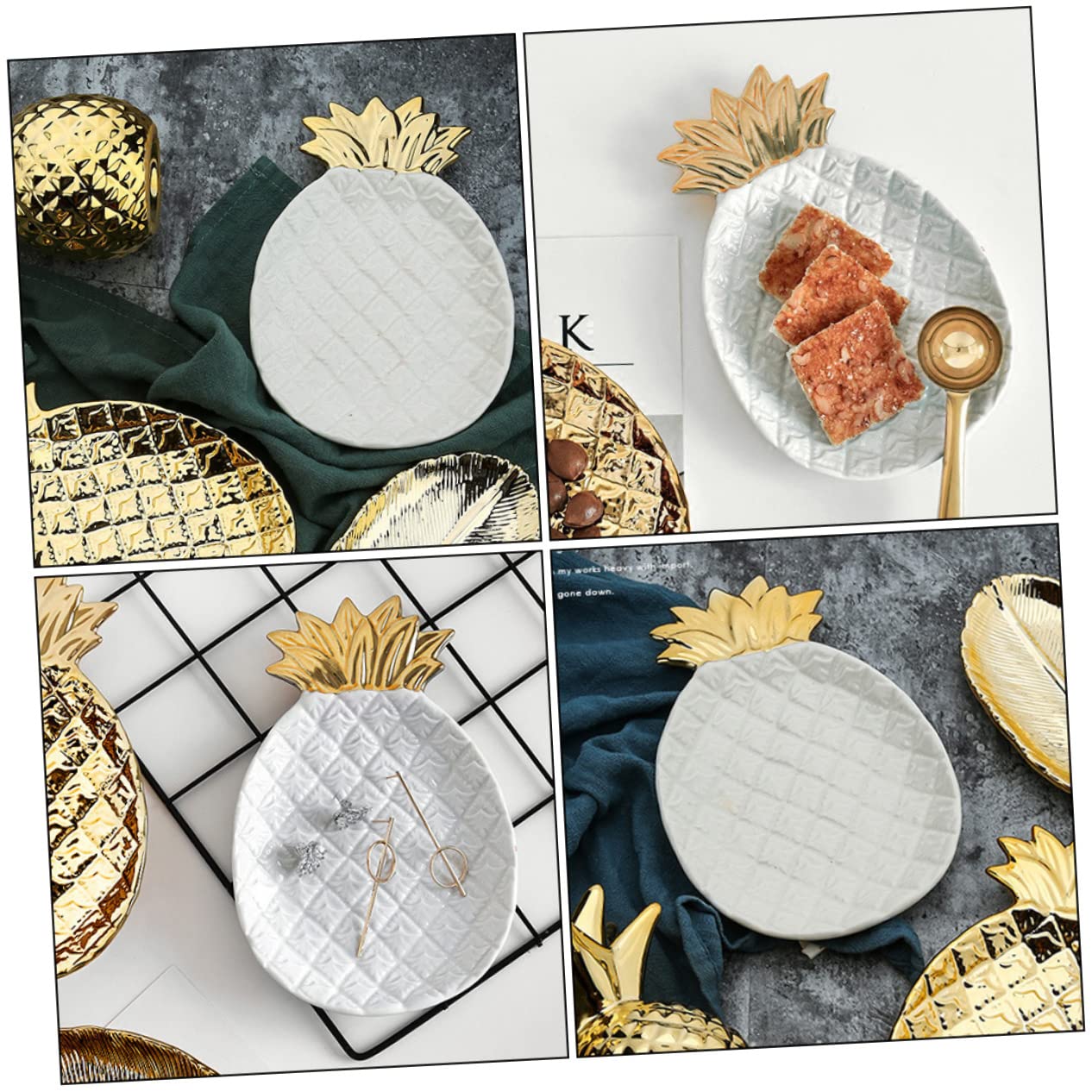 1 x Blatttablett Ananas-Teller, Keramik-Ringschale, Porzellan, Snack-Servierschale, Ananas-Keramikteller, Schmuckteller, Organizer, Ananas-Tablett, Serviertablett, weiße Ornamente, Obst