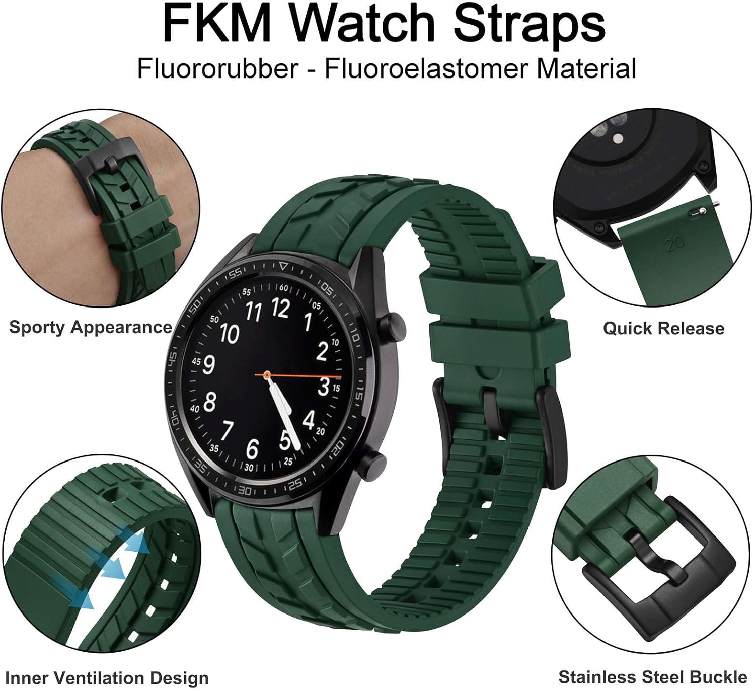 WOCCI Watch Bands, FKM Rubber (Not Silicone), Replacement Straps for Men and Women, Quick Release, Compatible Watch Lug Width 20mm 22mm - Image 4