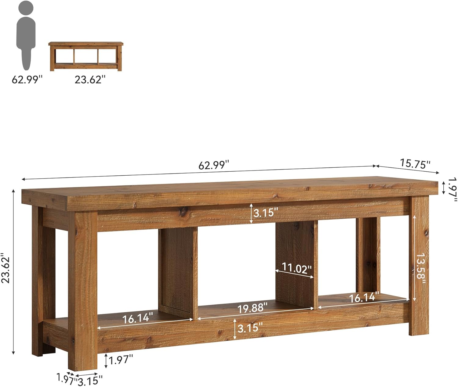 Tribesigns 63" Solid Wood TV Stand, Entertainment Center for 65 inch TVs, Farmhouse Style with 3 Open Storage Shelves, Rustic Brown Console for Living Room Bedroom, Fits 55 60 65 75 Inch Television