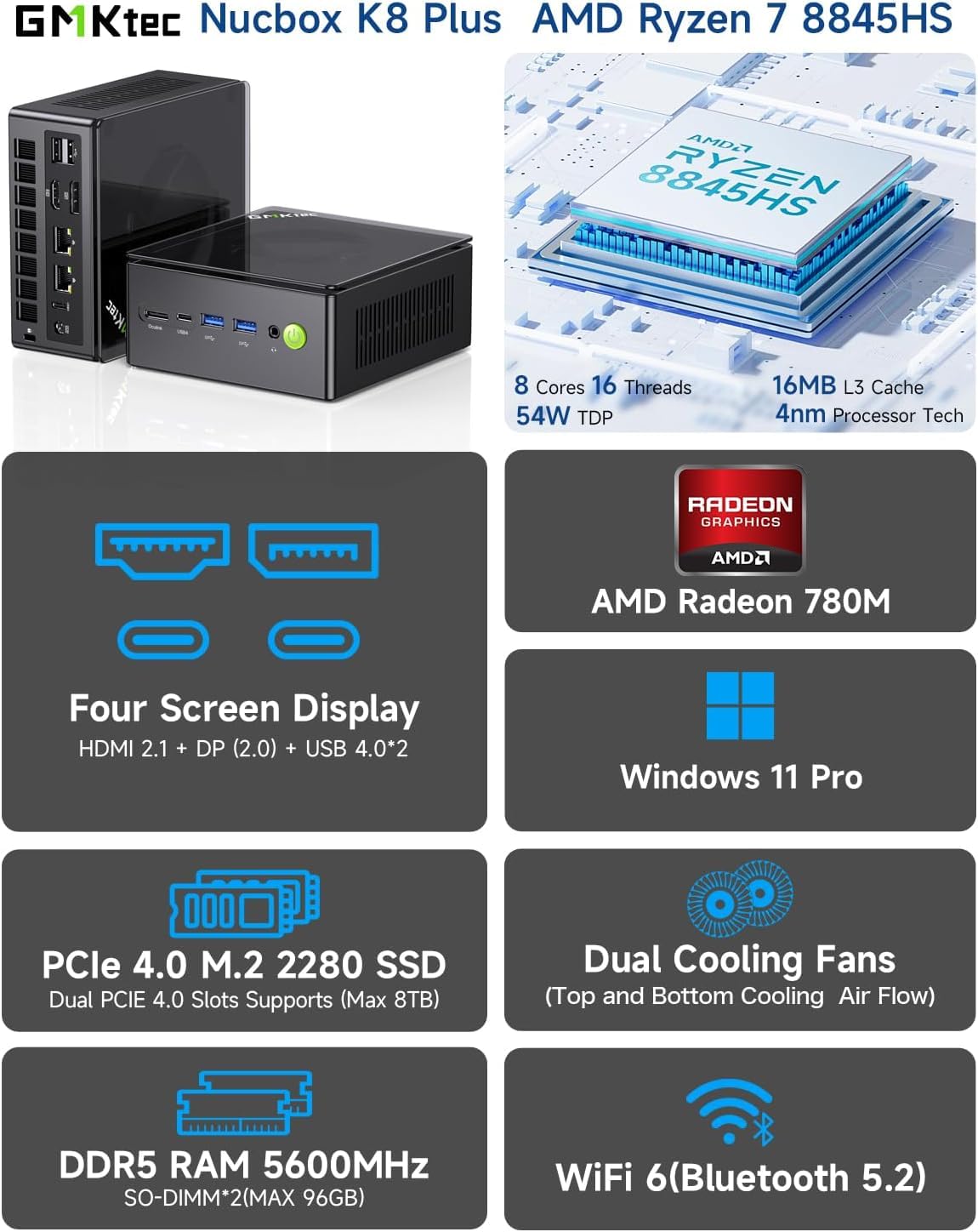GMKtec Gaming Mini PC K8 Plus AMD Ryzen 7 8845HS(8C/16T, up to 5.1GHz) 32GB DDR5 RAM 1TB SSD, Desktop Computer Dual NIC 2.5G, HDMI 2.1, USB4