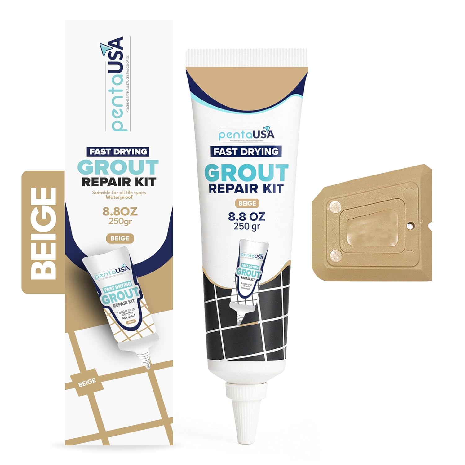 PentaUSA Warm Beige Premixed Tile Grout Repair Kit - Waterproof Real Grout for Kitchen, Shower & Bathroom Tiles (8.8oz)