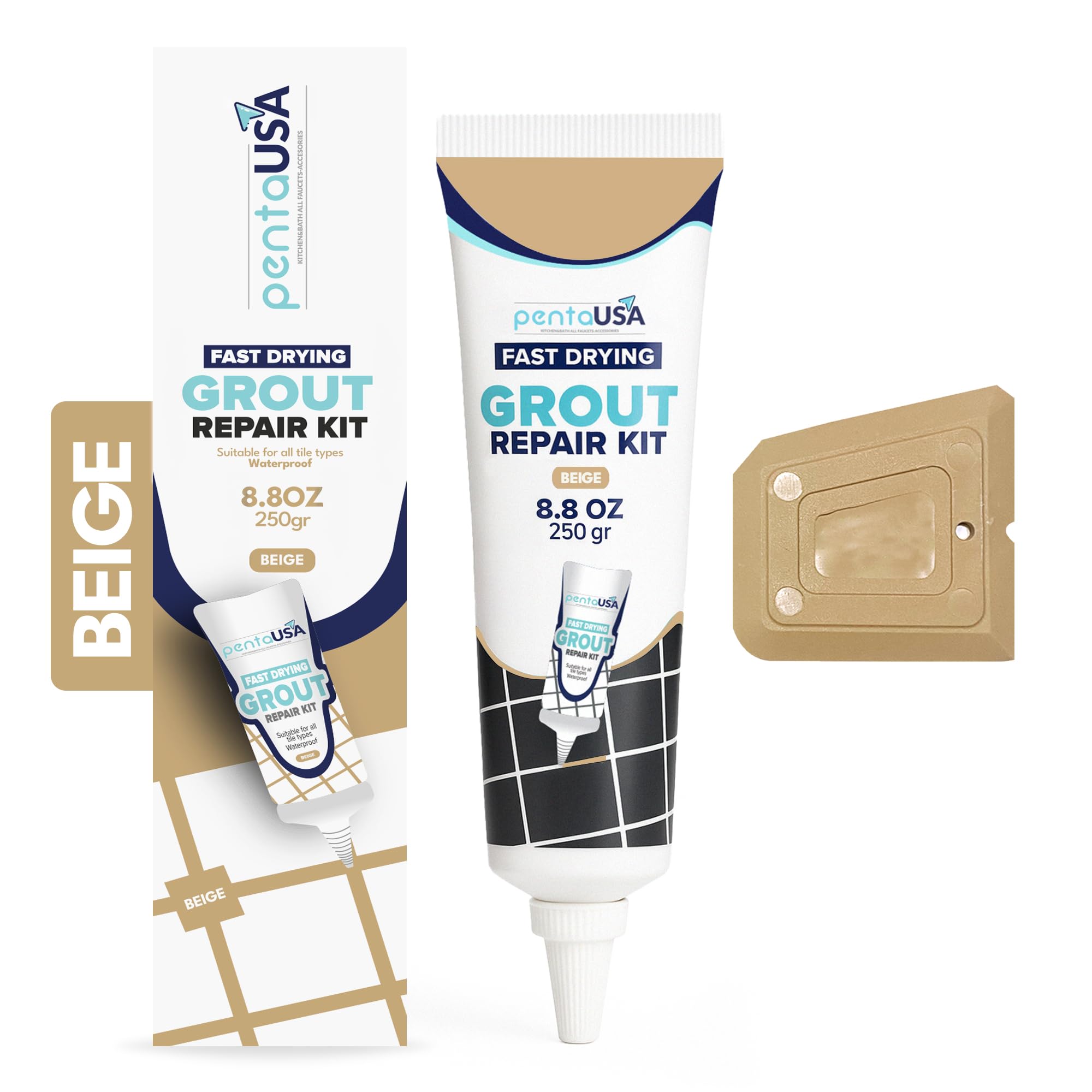 Grout - Ready Mixed Grout Reviver - Fast Drying, No Sealer Required, Perfect for Bathroom, Shower and Kitchen + Mould Protection - 250gr (Beige)