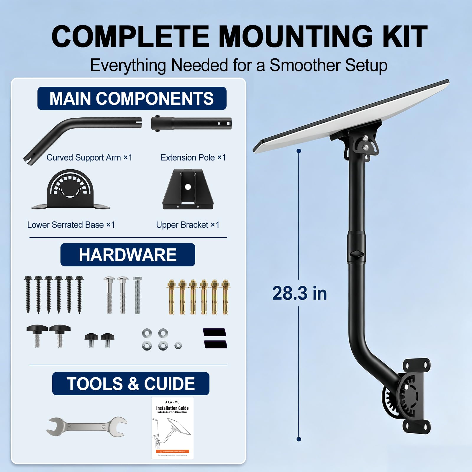 Kit di montaggio compatibile con Starlink Gen 3, montaggio a parete e tetto di casa, staffa girevole in acciaio al carbonio resistente per parabole antenna, braccio per grondaia da 71,9 cm per