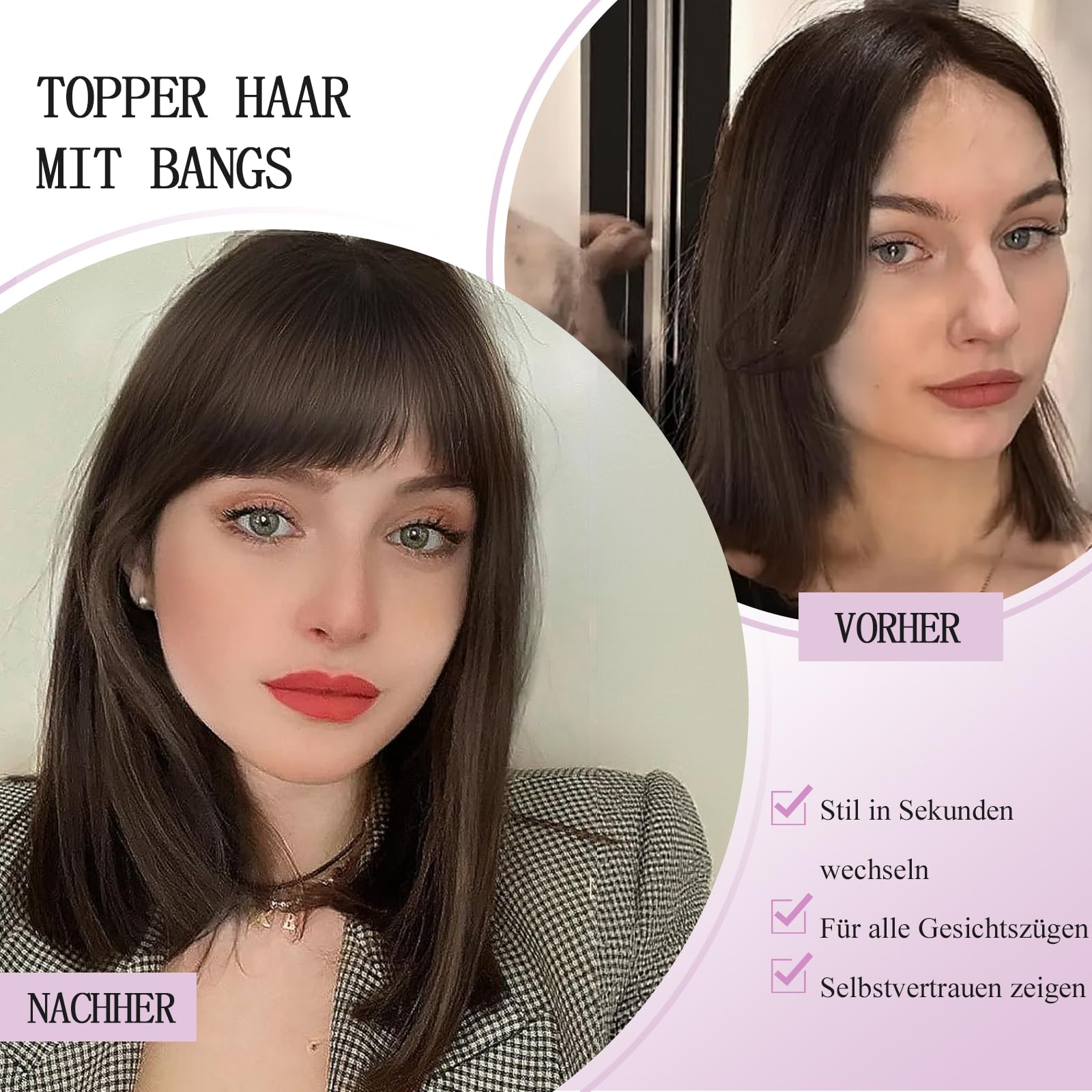 Haar Toppers für Frauen aus echtem Menschenhaar mit Pony, handgenäht 360°3D-Abdeckung, natürlich für dünner werdendes Haar Haarstücke für Frauen Topper (Ombre Light Brown with Blond Highlight)