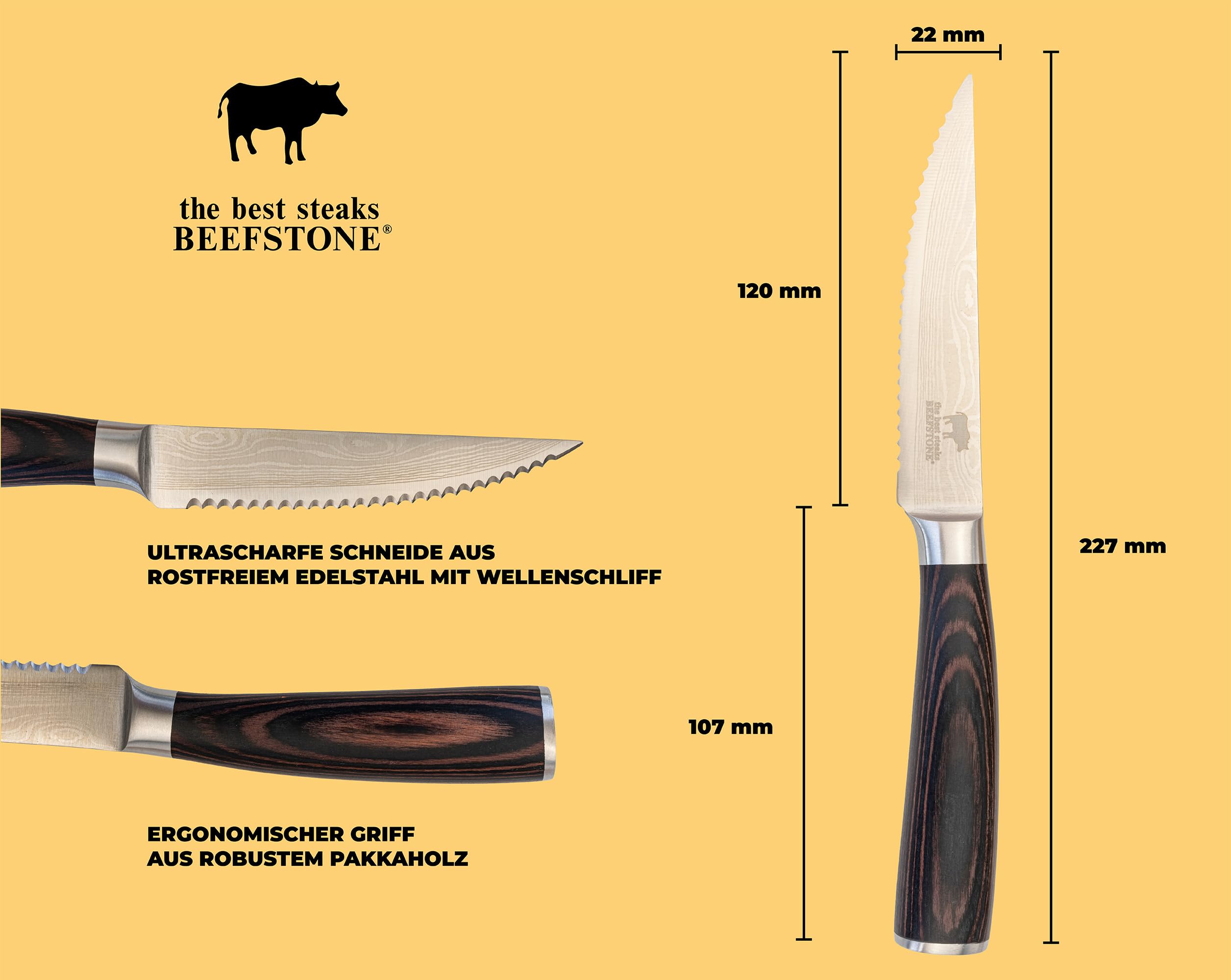 Set de 6 couteaux à steak, couteaux de chef professionnels, manche ergonomique en bois, lame dentelée, idée cadeau avec boîte en bois pour rangement