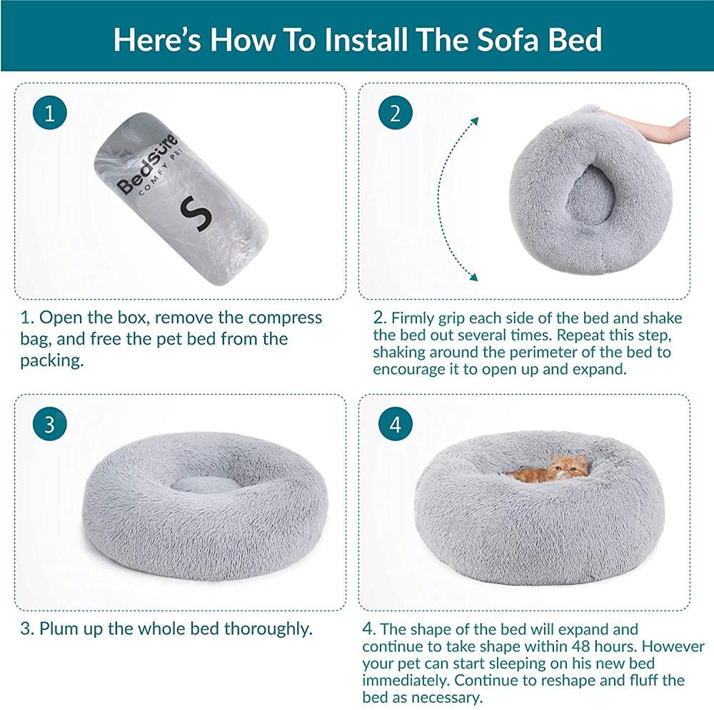 Bedsure Hundebett waschbar Flauschiges Katzenbett - Ø 50 cm Donut Kissen, Katzenschlafplatz für Katzen Kleine Mittelgroße Hunde, Plüsch Katzenkissen Rund Kuschelbett, Hellgrau