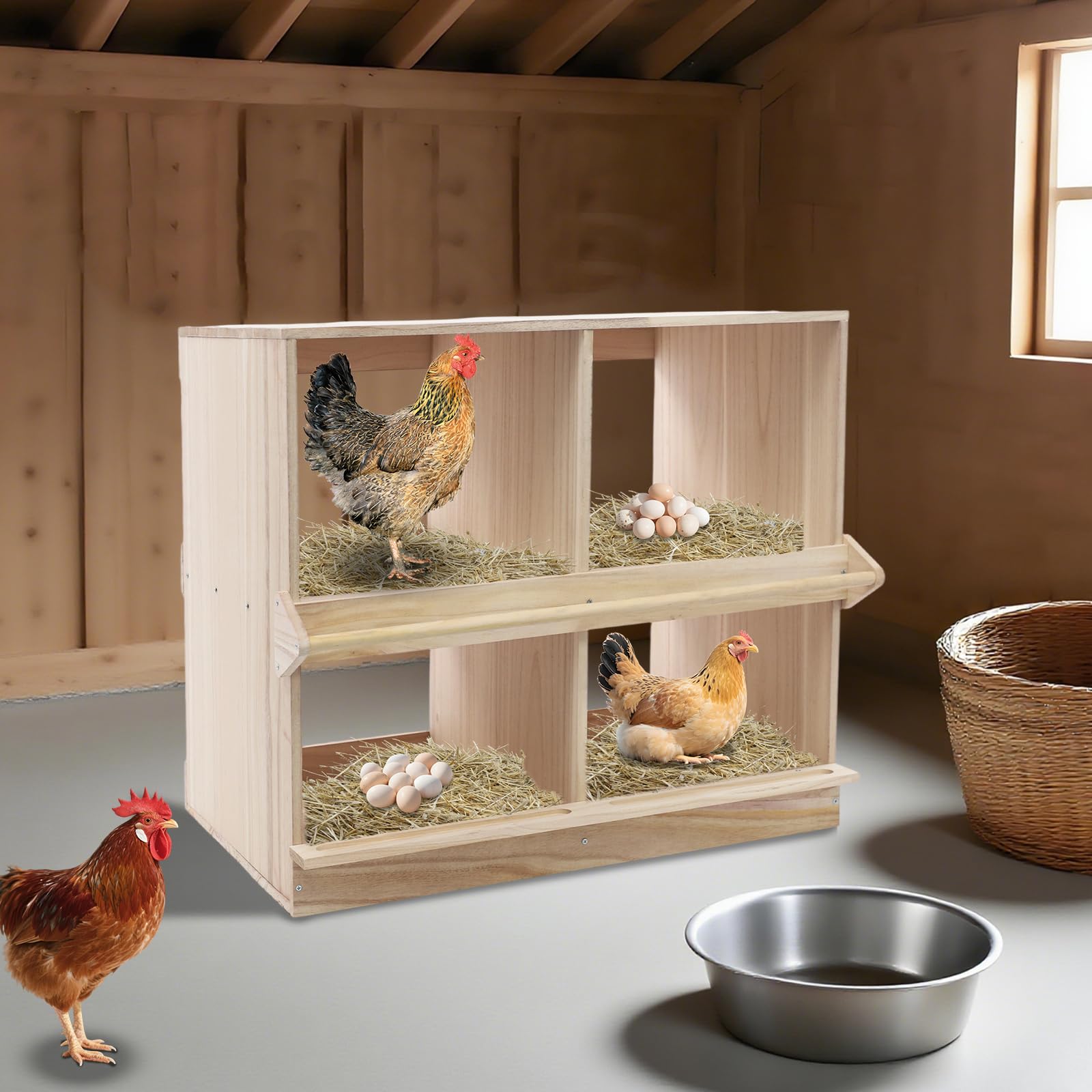 Nido per polli in legno a 4 fori, 2 piani, nido per polli con 4 scomparti separati, nido per polli con posatoi, per galline, anatre e altri pollame