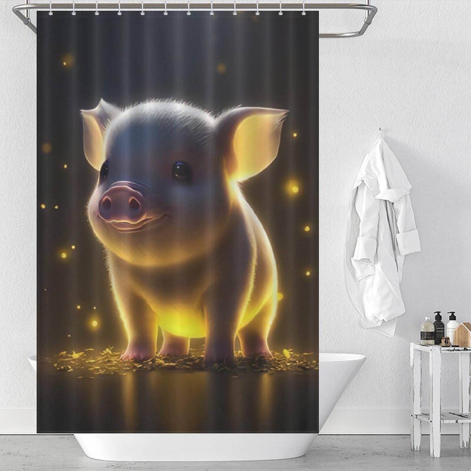 Rideau de douche cochon mignon lavable en machine 122x183cm pour baignoire avec 12 crochets