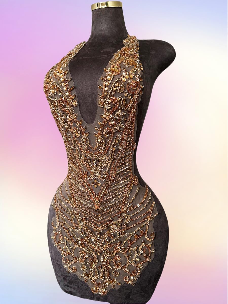 Handmade Rhinestones Large Bodice Applique Glass Stones Beads Bright Crystal Lace Patches Accessories for Weding Dress Decorations (Champagne)