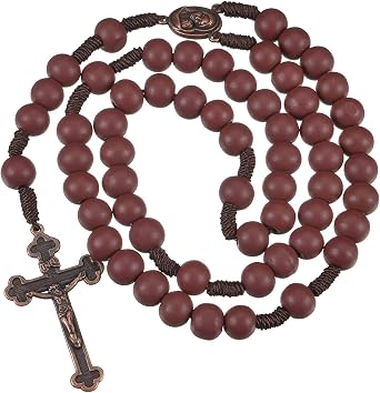 10mm Brown Beads Catholic Rosary Handmade Braided Rosaries with Curcifix Cross and Holy Mary Medal Amulet Rosary Beads Necklace for Women Men