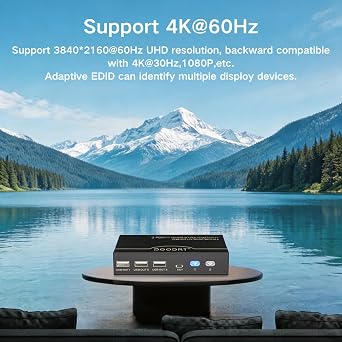HDMI KVM Switch 1 Monitor 2 Computers, 4K@60Hz USB KVM Switches 2 Ports for 2 PC Share Single Monitor and 3 USB Ports with Desktop Controller, S7232H | EDID Adaptive with 2 HDMI Cables + 2 USB Cables