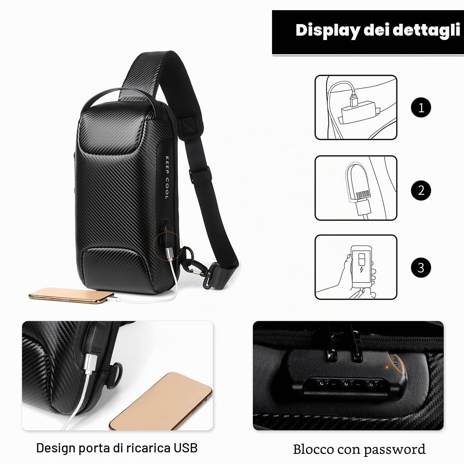 FANDARE Antifurto Zaino Monospalla Uomo Borse piccole a tracolla con USB Business Borsa a Spalla Impermeabile Stile auto sportive per Scuola Outdoor Ciclismo Viaggio Multitasche Piccolo Zaino Nero