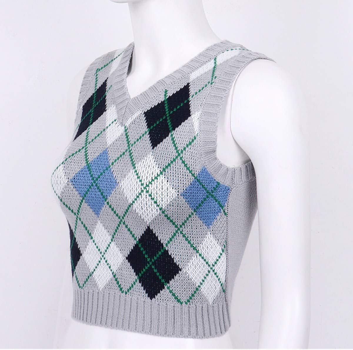 FEESHOW Women Streetwear Preppy Style Knitwear Tank Tops V Neck Argyle Plaid Knitted Sweater Vest