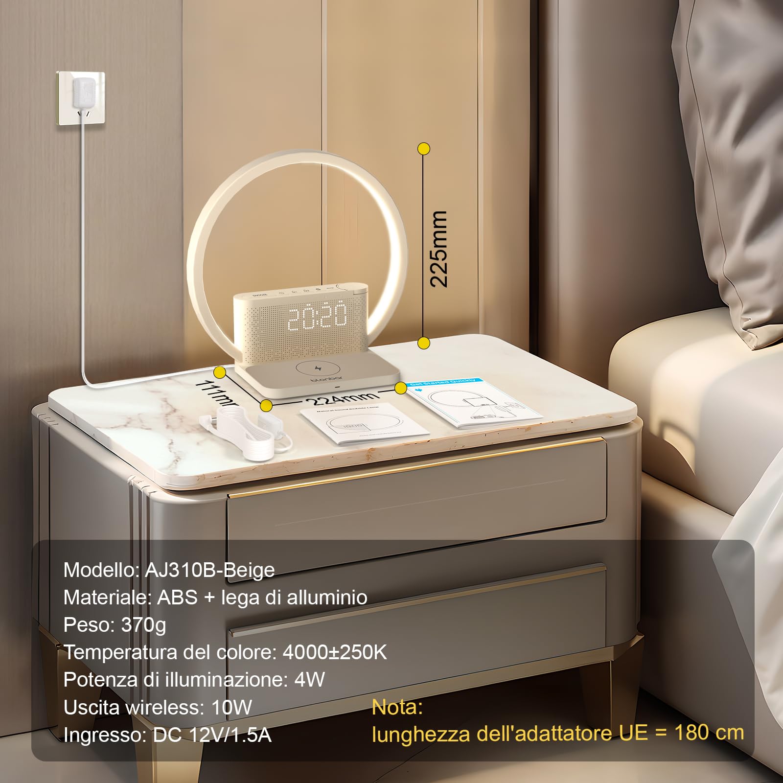 blonbar Lampada da comodino con sveglia luminosa, Wake Up Light, 10 W Wireless Charger, Touch dimmerabile con 3 livelli di luminosità, suono calmante, aiuto per dormire neonati e adulti per camera da