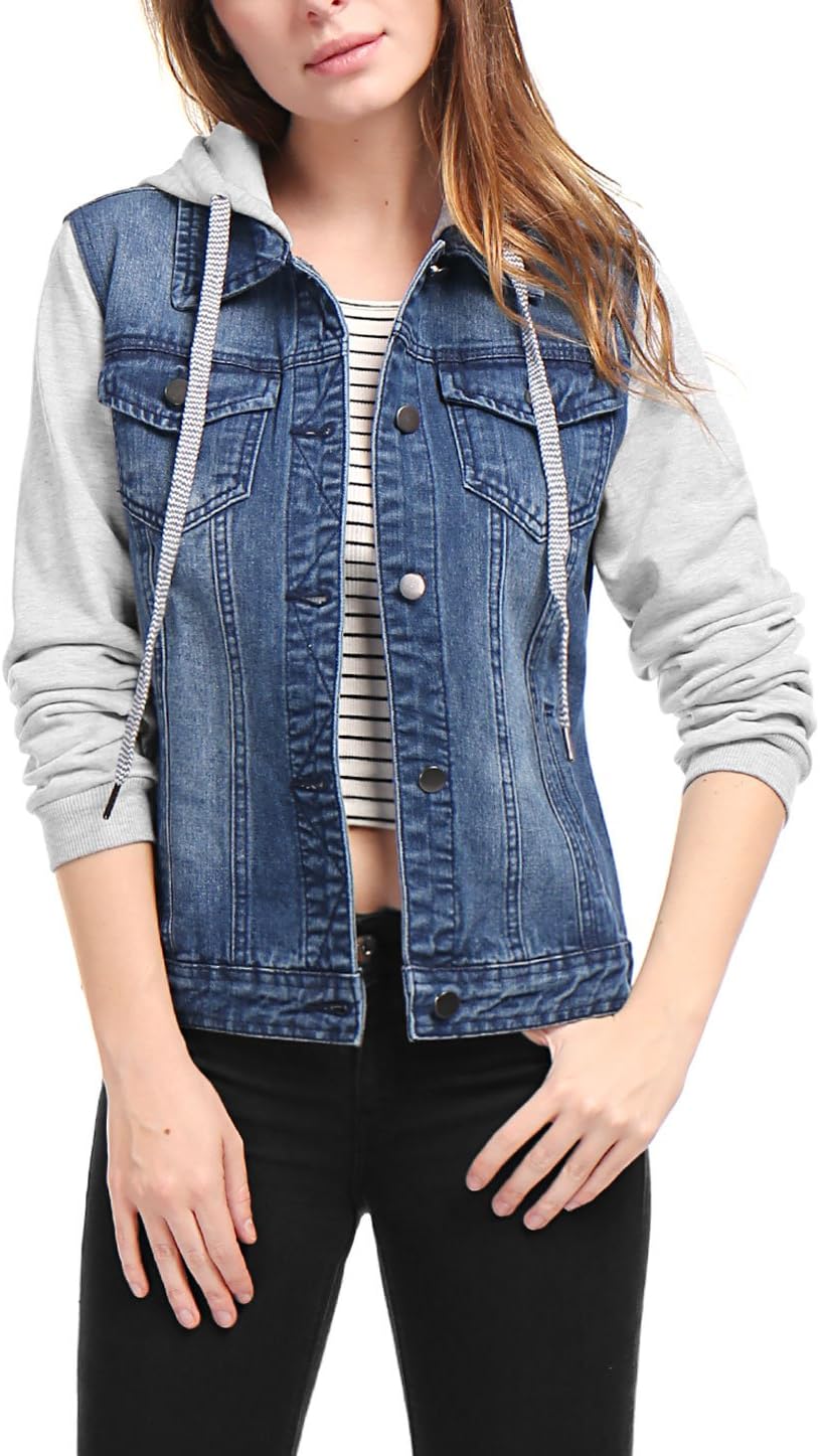 Allegra K Women's Jean Jackets Layered Drawstring Hood Denim Jacket with Pockets - Image 2