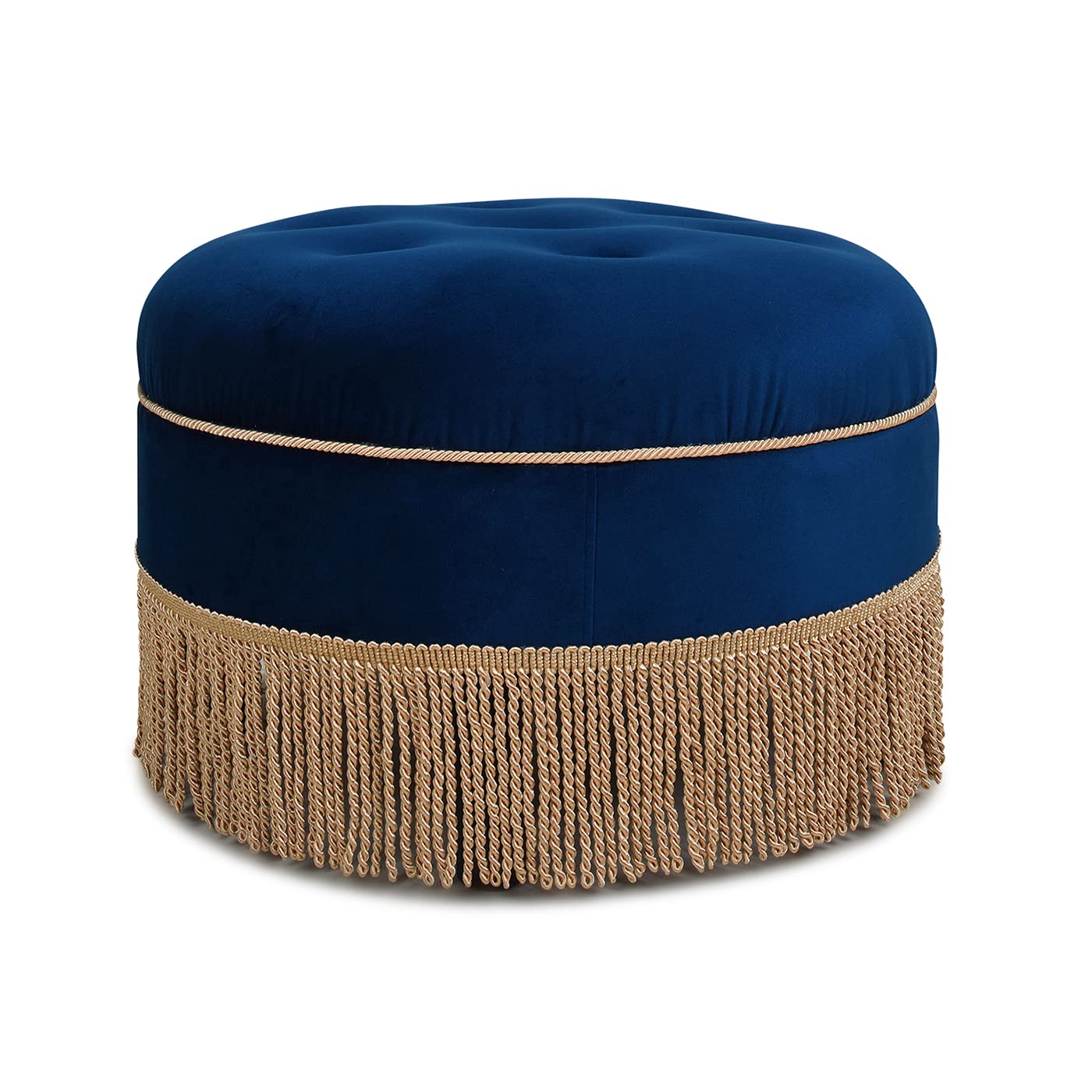 Jennifer Taylor Home Poppy Upholstered Round Accent Ottoman, Navy Blue Velvet with Gold Trim