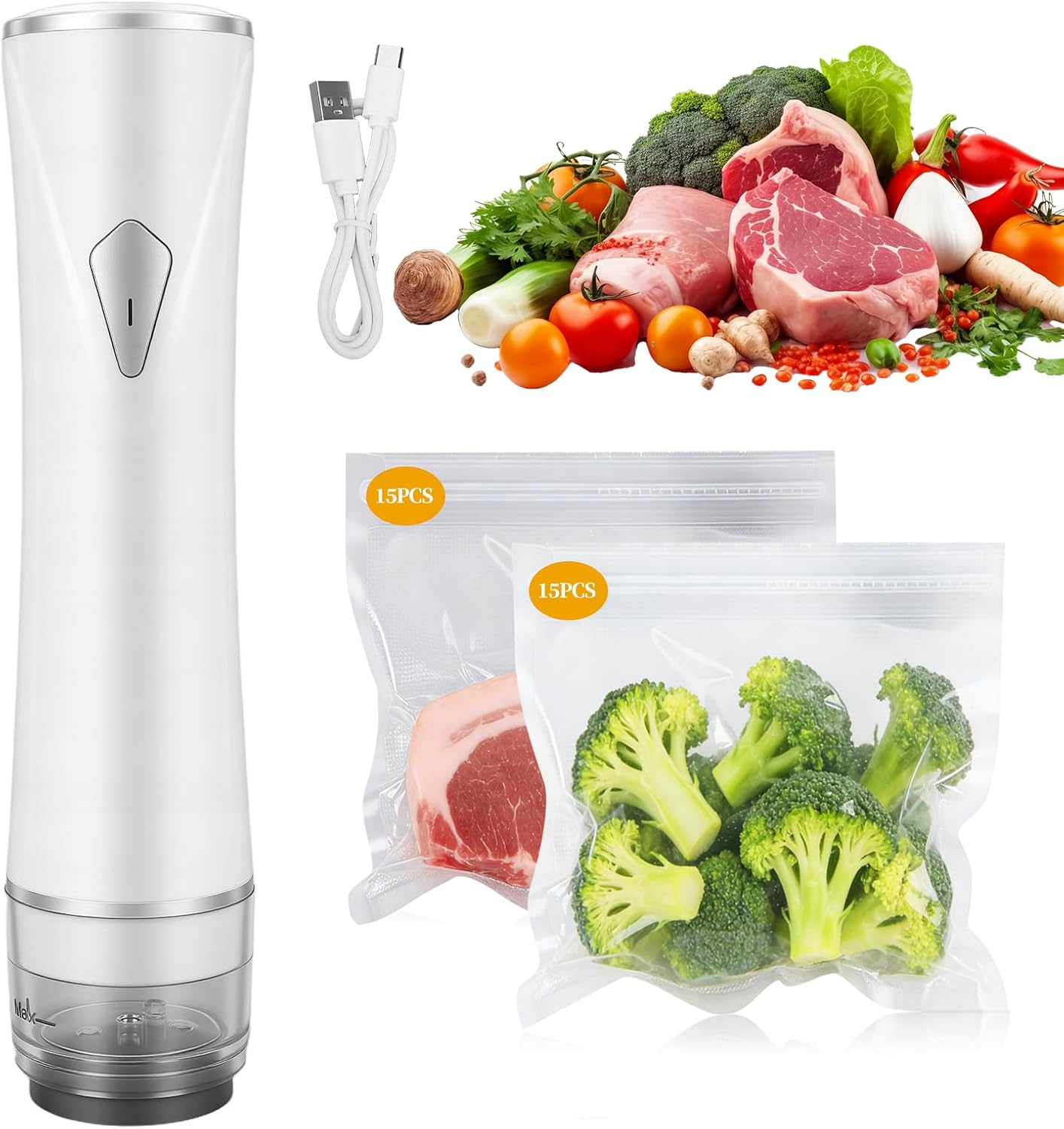 Vacuum Sealer for Food Storage, Food Compact Vacuum Sealer, 60kPa Powerful Handheld Vacuum Sealer Machine with 30 Reusable Bags, Seal Food 5X Fresh Longer, Wireless and Portable