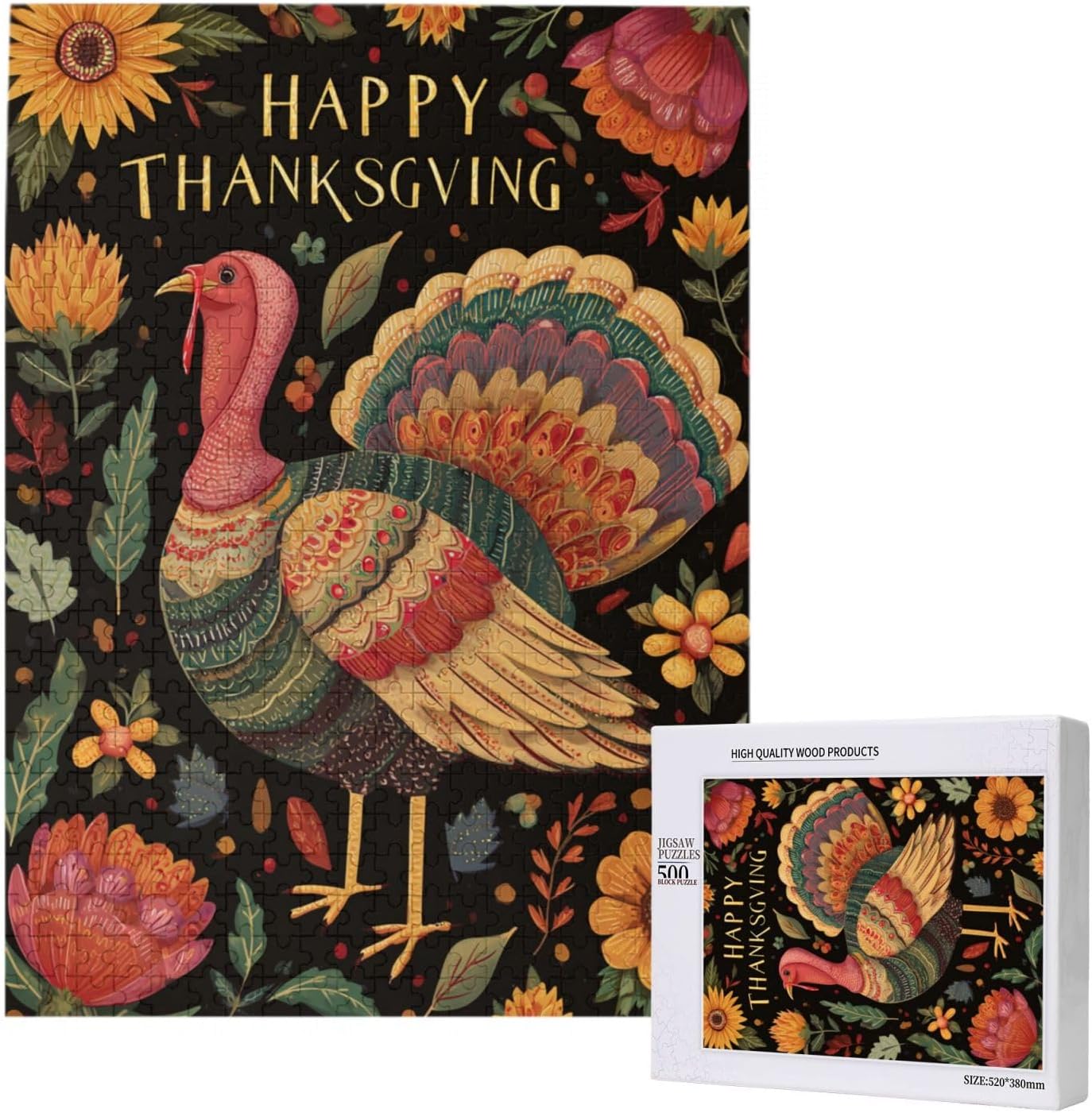 Jigsaw Puzzle for Adults. 500 Pieces Thanksgiving Turkey Wooden Challenging Puzzles. Perfect for Thanksgiving, Gifts, Family Time, Fall Home Decor. Finished Size is 20.47“ x 14.96“