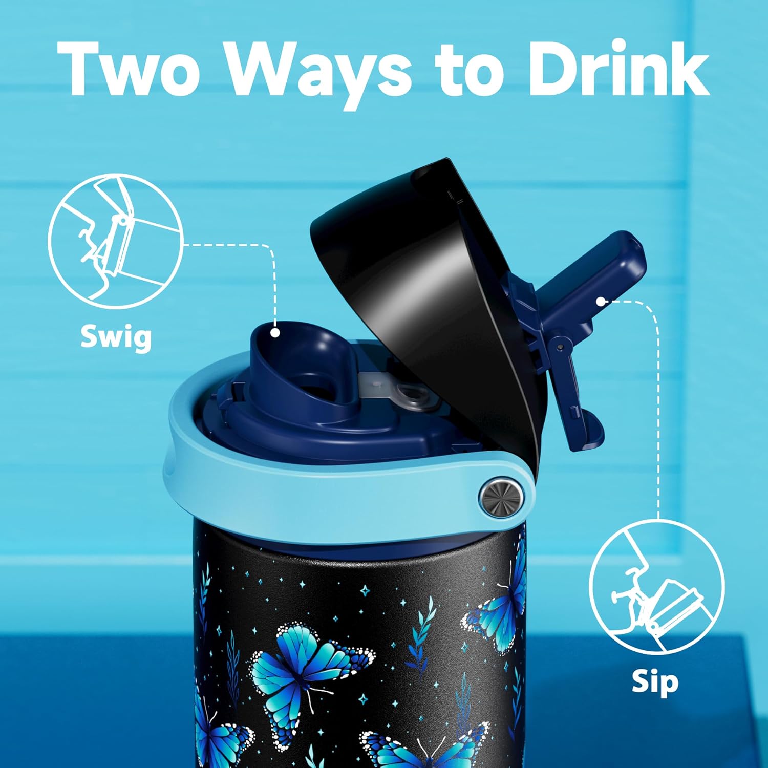 24 oz Insulated Water Bottle for Women: Meoky Glow in the Dark Water Bottle with 2-in-1 Straw and Spout Lid - Leak Proof, Cold for 24 Hours, Fits in Car Cup Holder, BPA-Free for Sports Travel, Moonlit