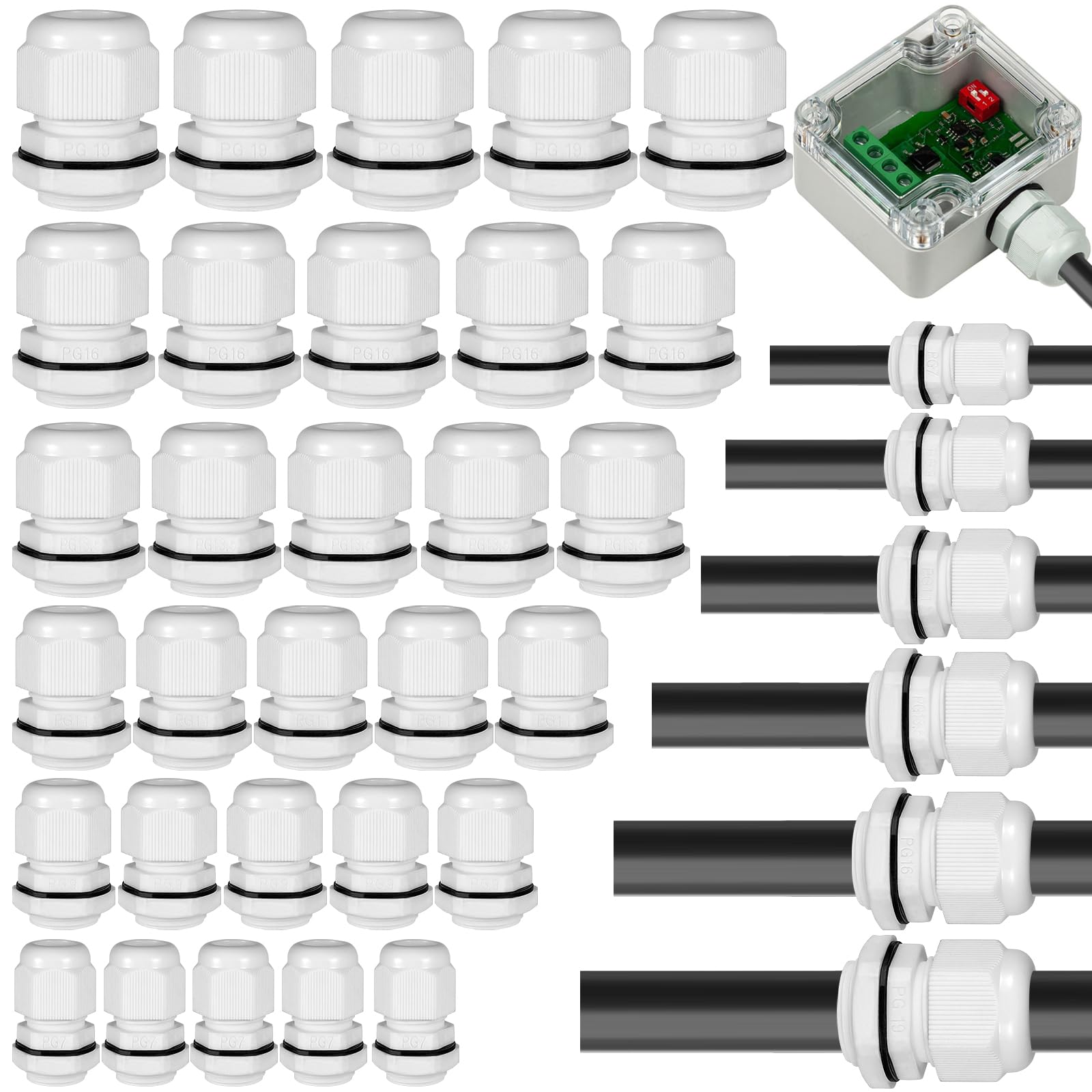 Realure 70 Piezas Prensaestopas, Impermeable IP68 Conectores de Cable PG7 PG9 PG11 PG13.5 PG16 PG19, Blanco Prensaestopas Ajustable, Glándulas de Cable con Ajustables Juntas, Cable Gland Conectores