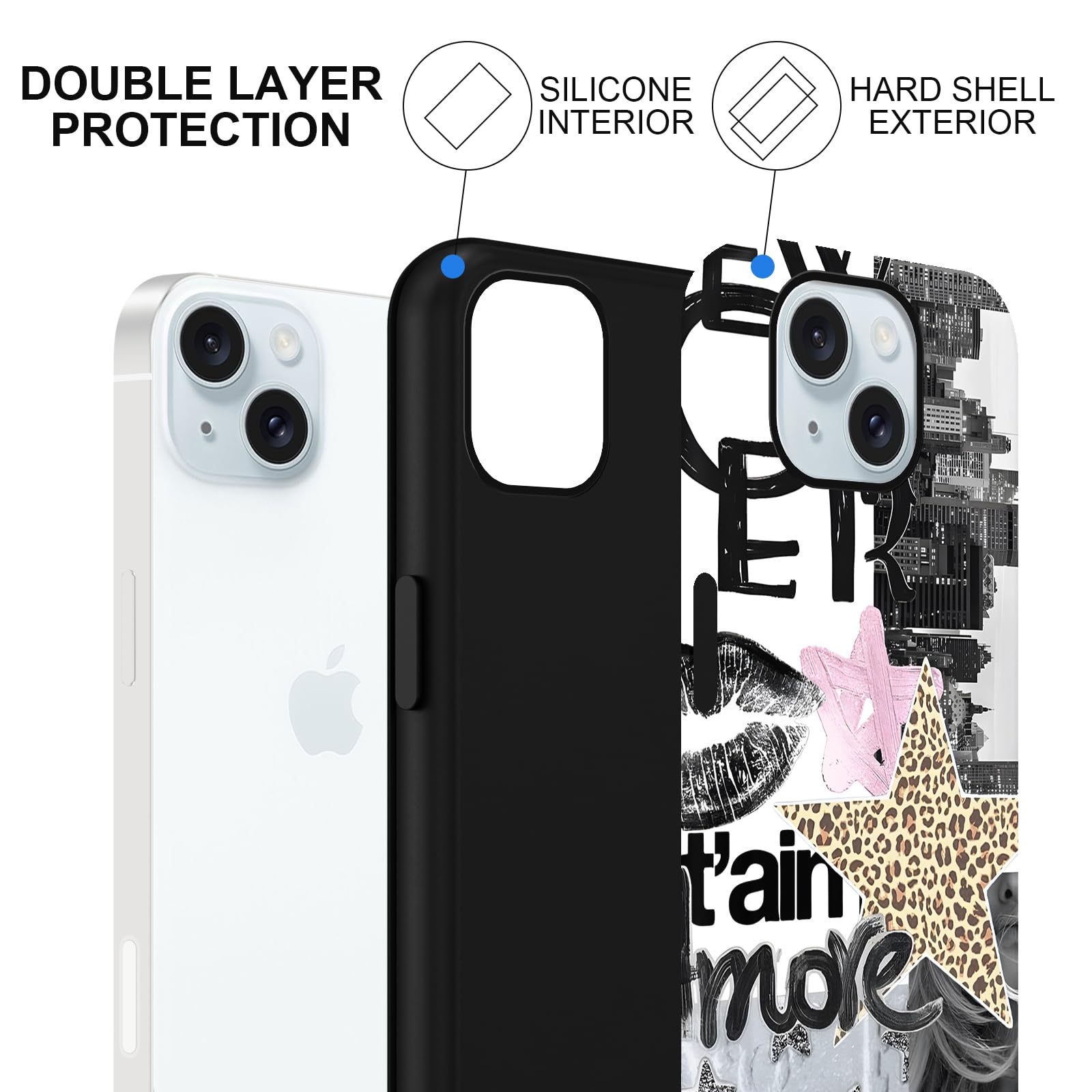 Custodia compatibile con iPhone 15, custodia protettiva ibrida a 2 strati con collage di Star Coquette, custodia protettiva antigraffio ibrida a 2 strati per ragazza, ragazzo, donne, uomo-CZ03