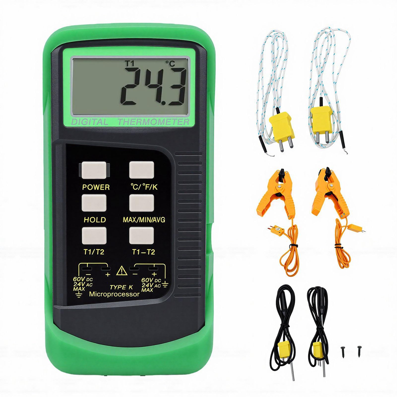 Eujgoov Termometro a Termocoppia Tipo K Tester a Doppio Canale con 2 Sonde 2 Clip Mantenimento Massimo Minimo Medio da -58°F a 2498°F per HVAC Alimentare Industriale Automotive