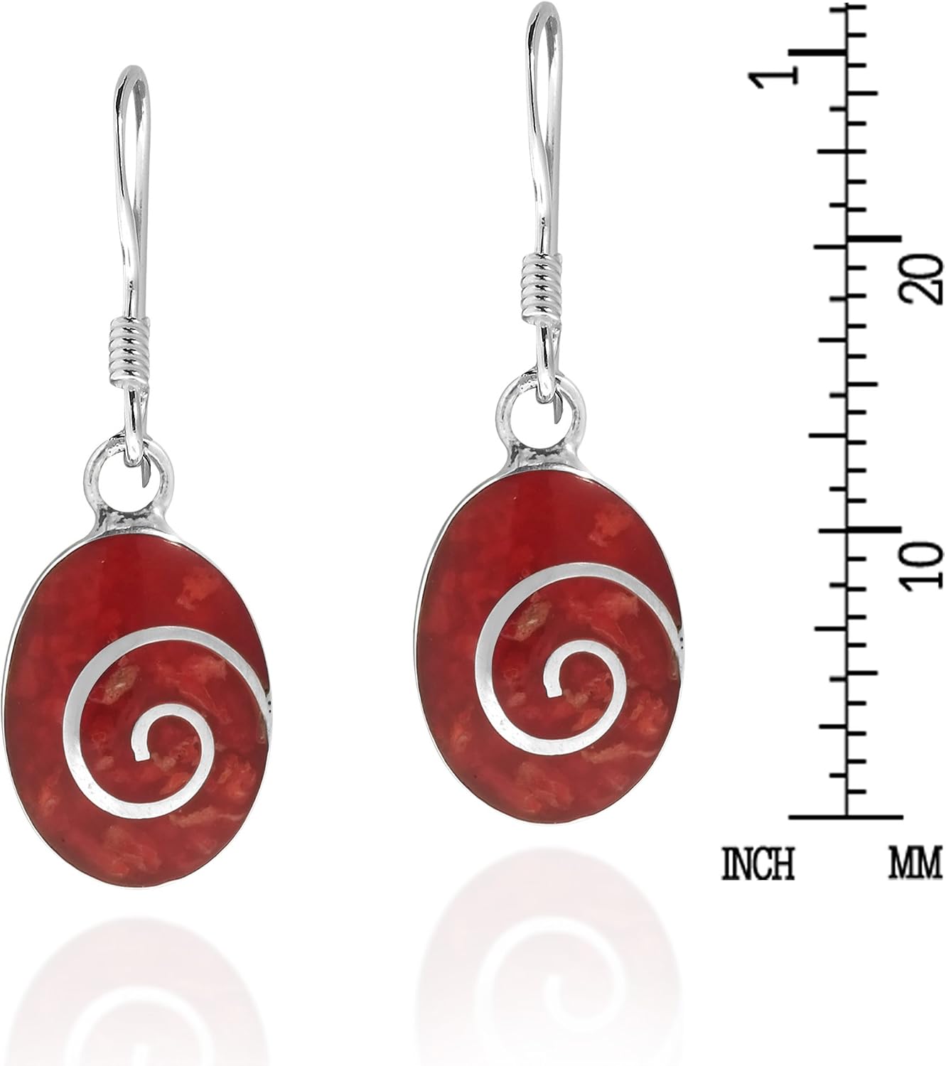 Charming Swirl Reconstructed Red Coral Oval Disc .925 Sterling Silver Dangle Earrings - Image 5